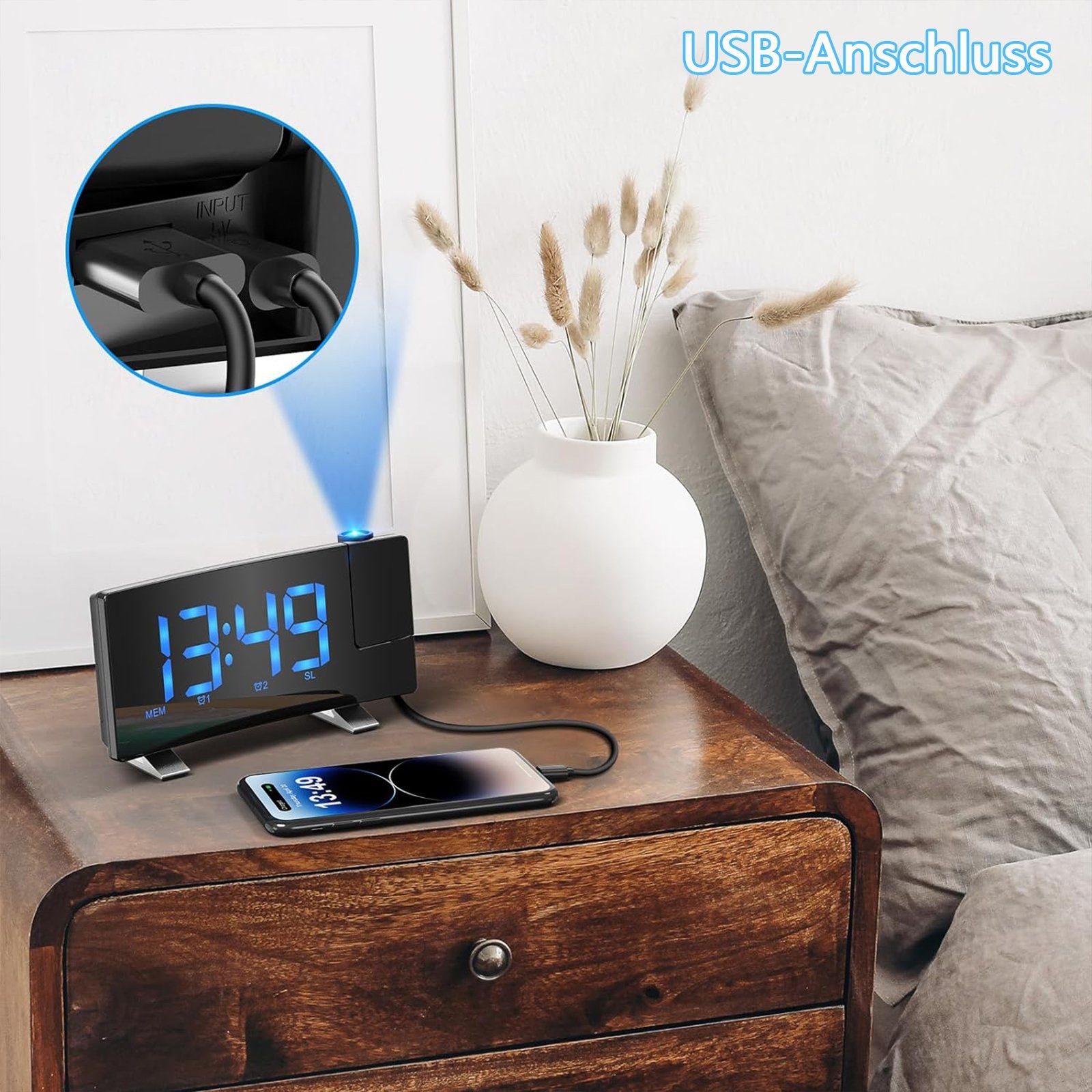 REDOM Projektionswecker Digital Wecker Radiowecker Digitalwecker Projektion LED Alarm Radio ohne Akku Projektion 180 ° LED-Alarm Temperatur 12/24H USB-Anschluss