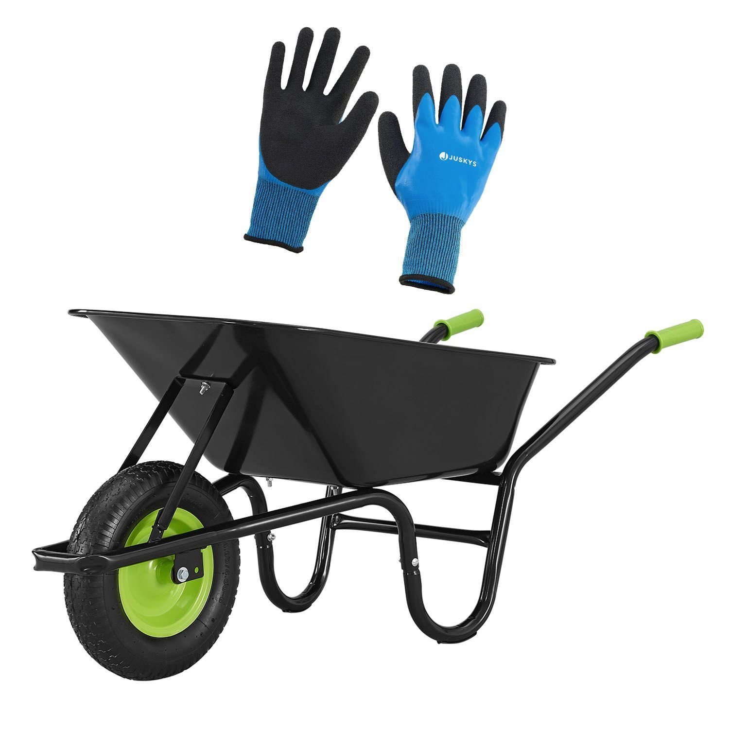 Juskys Schubkarre Garden, 100L, bis 210 kg, Luftreifen, verzinkte Wanne, inkl. Handschuhe