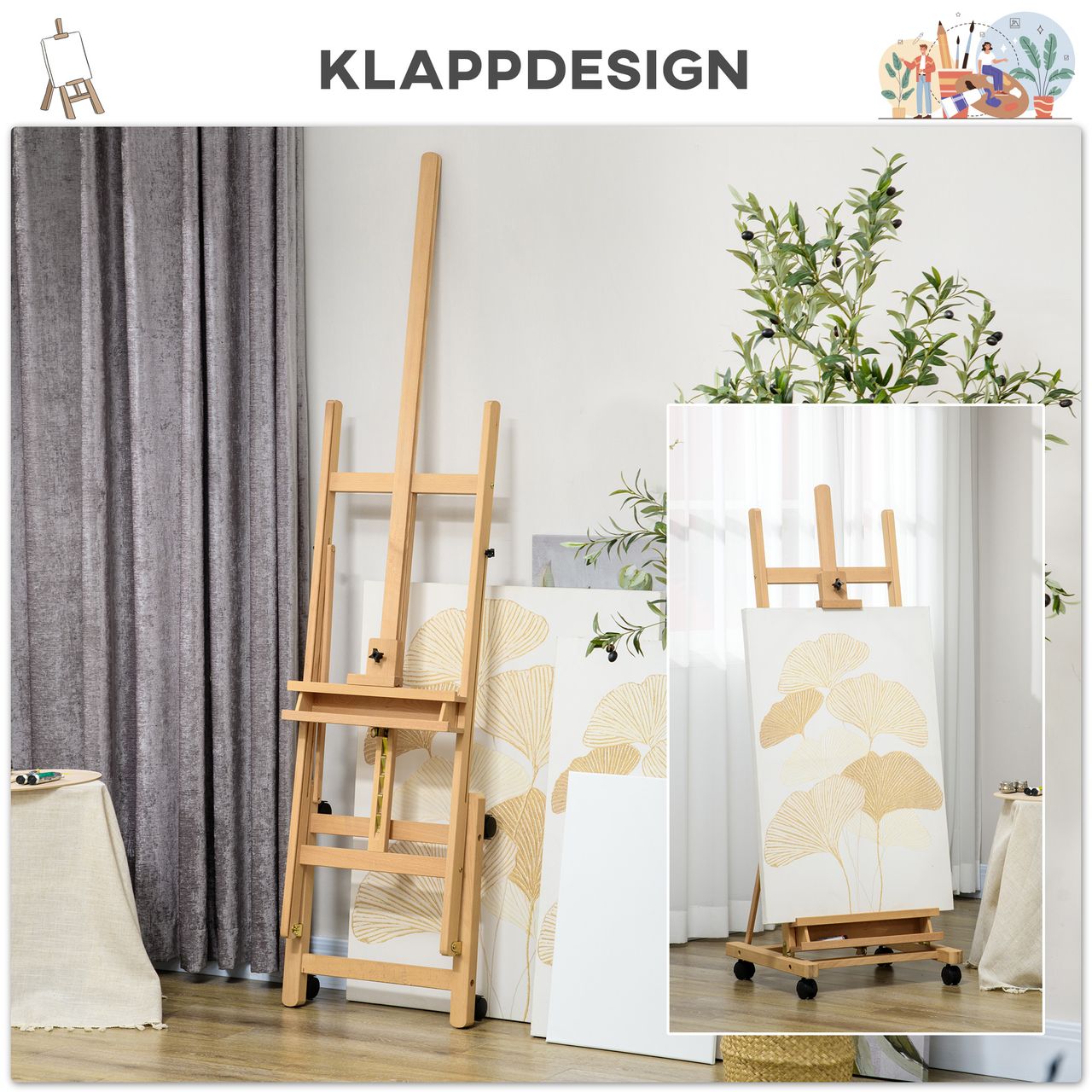 Vinsetto Staffelei Standstaffelei Klappbare Atelierstaffelei mit Rollen Holz