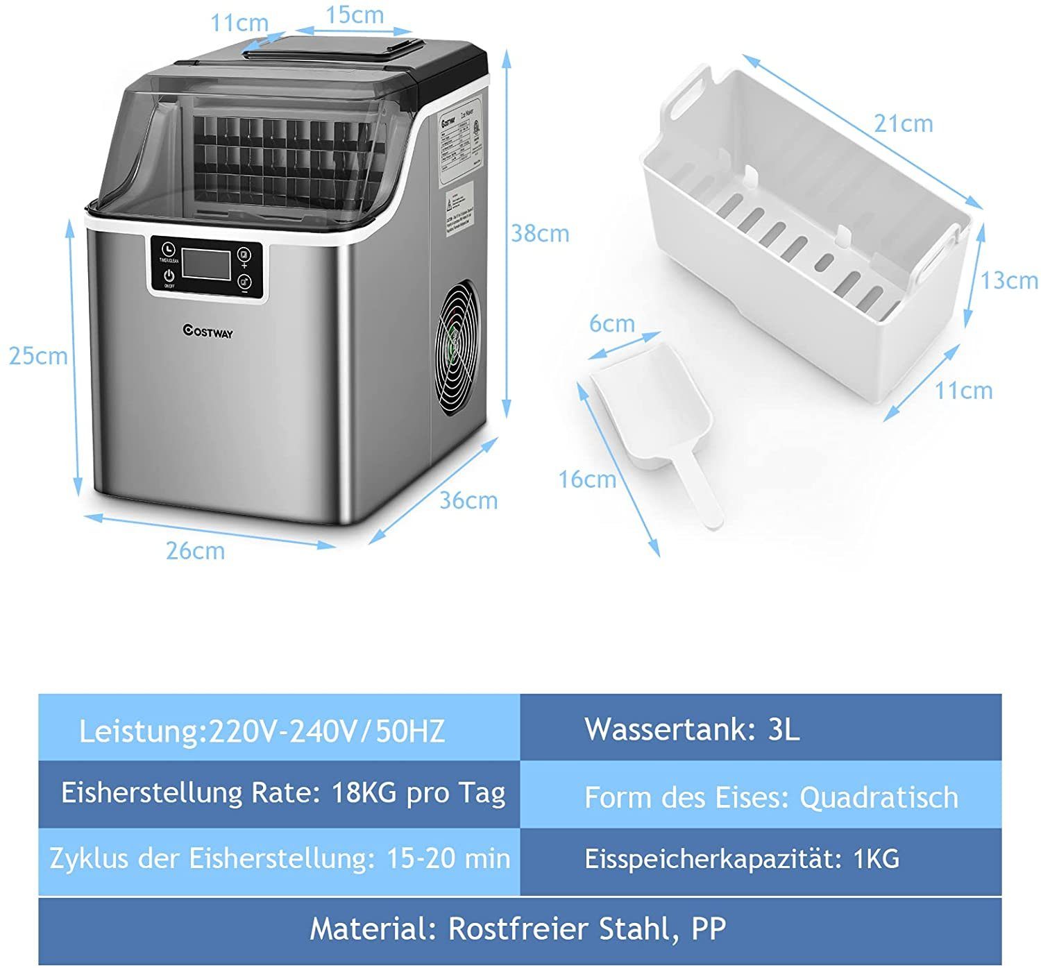 COSTWAY Eiswürfelmaschine, 24 Eiswürfel in 15min, 18kg 24 H, 3,2L Wassertank