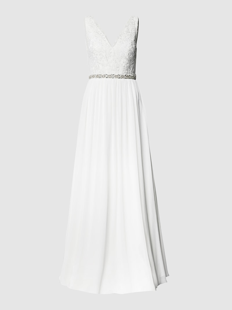 Brautkleid mit Ziersteinen und floraler Spitze in ecru
