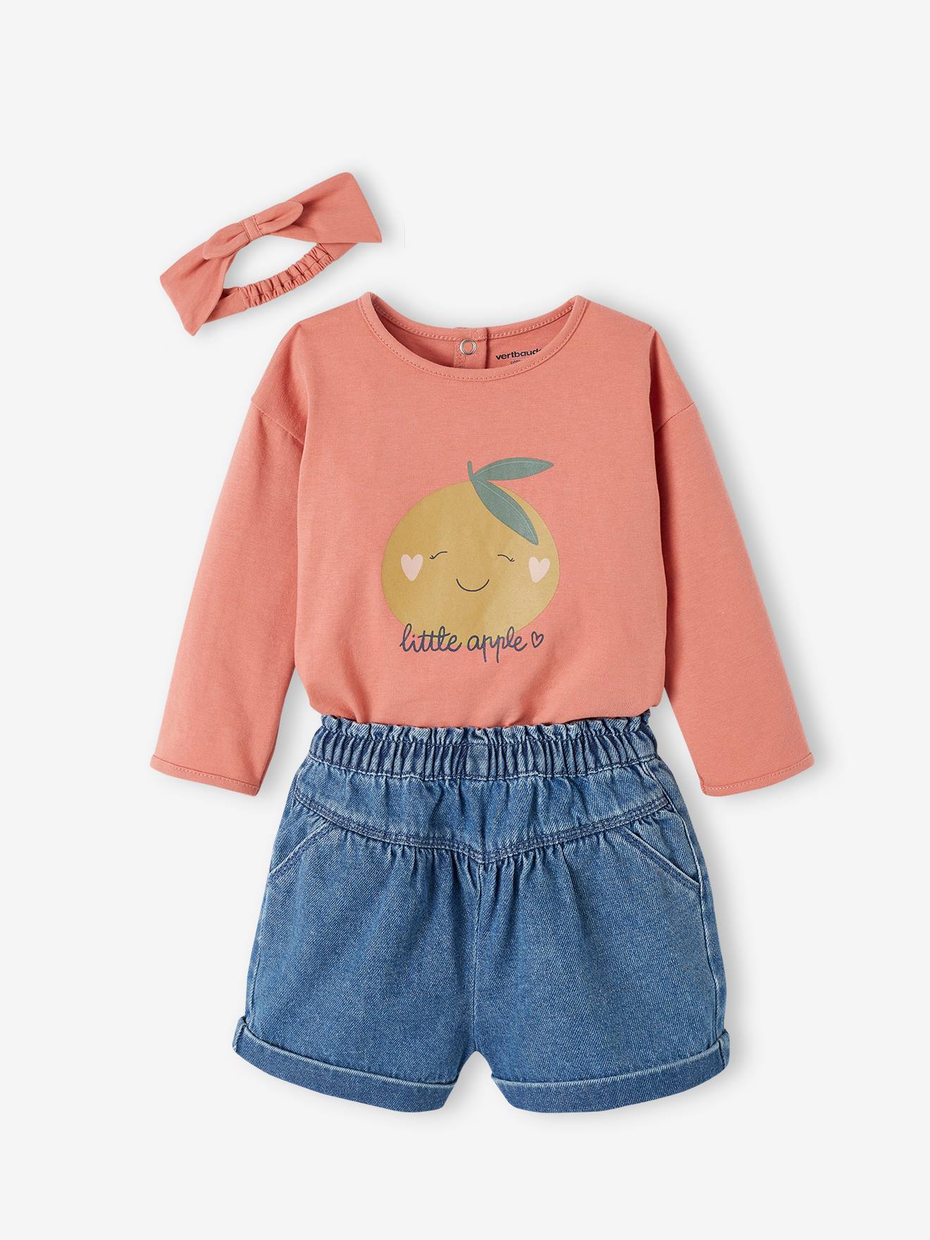 Vertbaudet Mädchen Baby-Set: Shirt, Haarband & Shorts - rosa