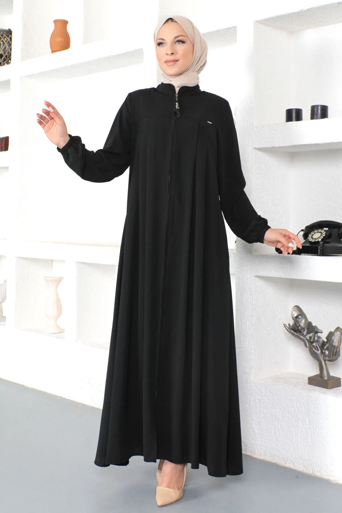 Tesettür Dünyası  Hijab Abaya mit elastischen Ärmeln Tsd230334 Schwarz