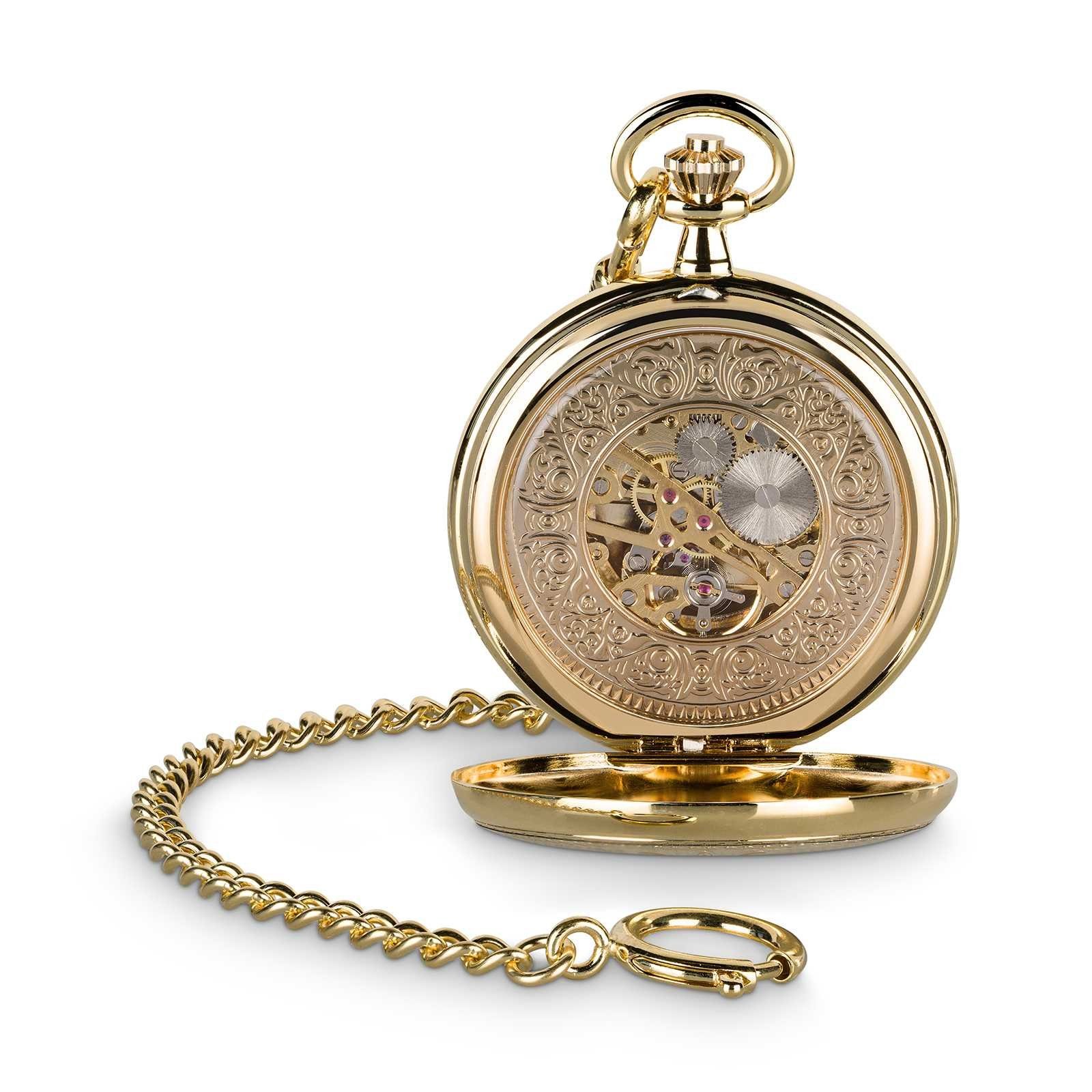 Hermann Jäckle Taschenuhr Bayreuth vergoldet Skelett mit Handaufzug, incl. Kette & Reiseetui