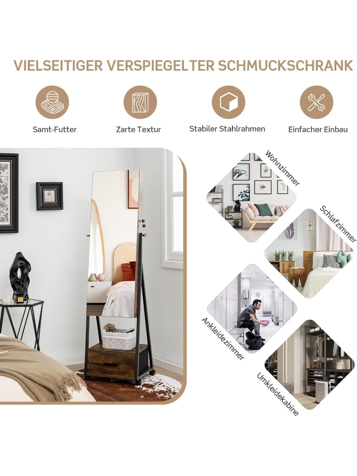 COSTWAY Schmuckschrank mit Spiegel in Braun günstig kaufen onesize