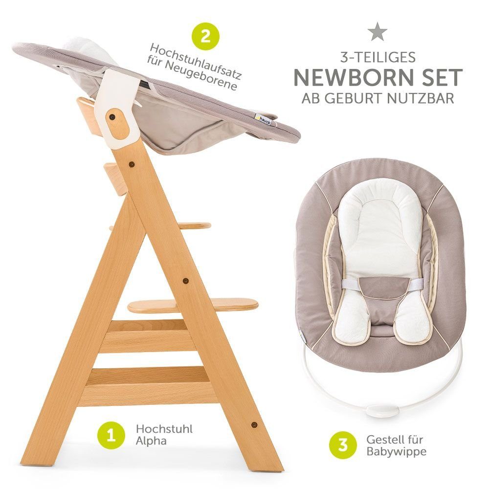 Hauck Hochstuhl Alpha Plus Natur - Newborn Set (Set, 4 St), Holz Babystuhl ab Geburt mit Aufsatz für Neugeborene höhenverstellbar
