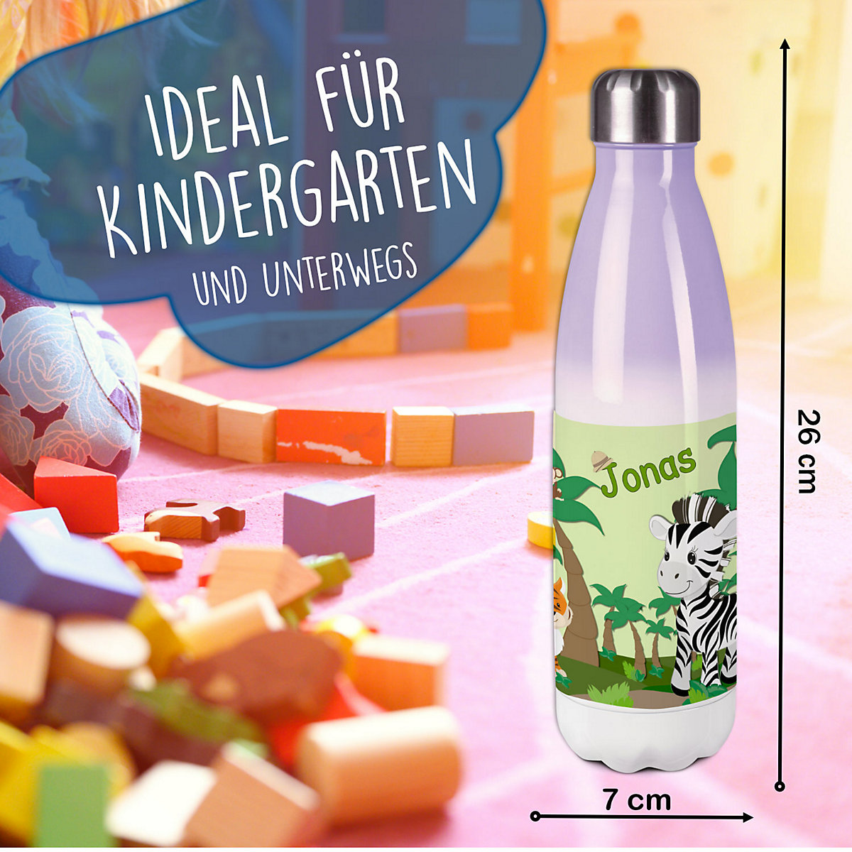 Edelstahl Kinder Thermoflasche / Trinkflasche bunt Safari-Zebra Spülmaschinenfest, Auslaufsicher, Bruchfest, Doppelwandig, Für Heißgetränke geeignet, Mit Deckel, Isoliert