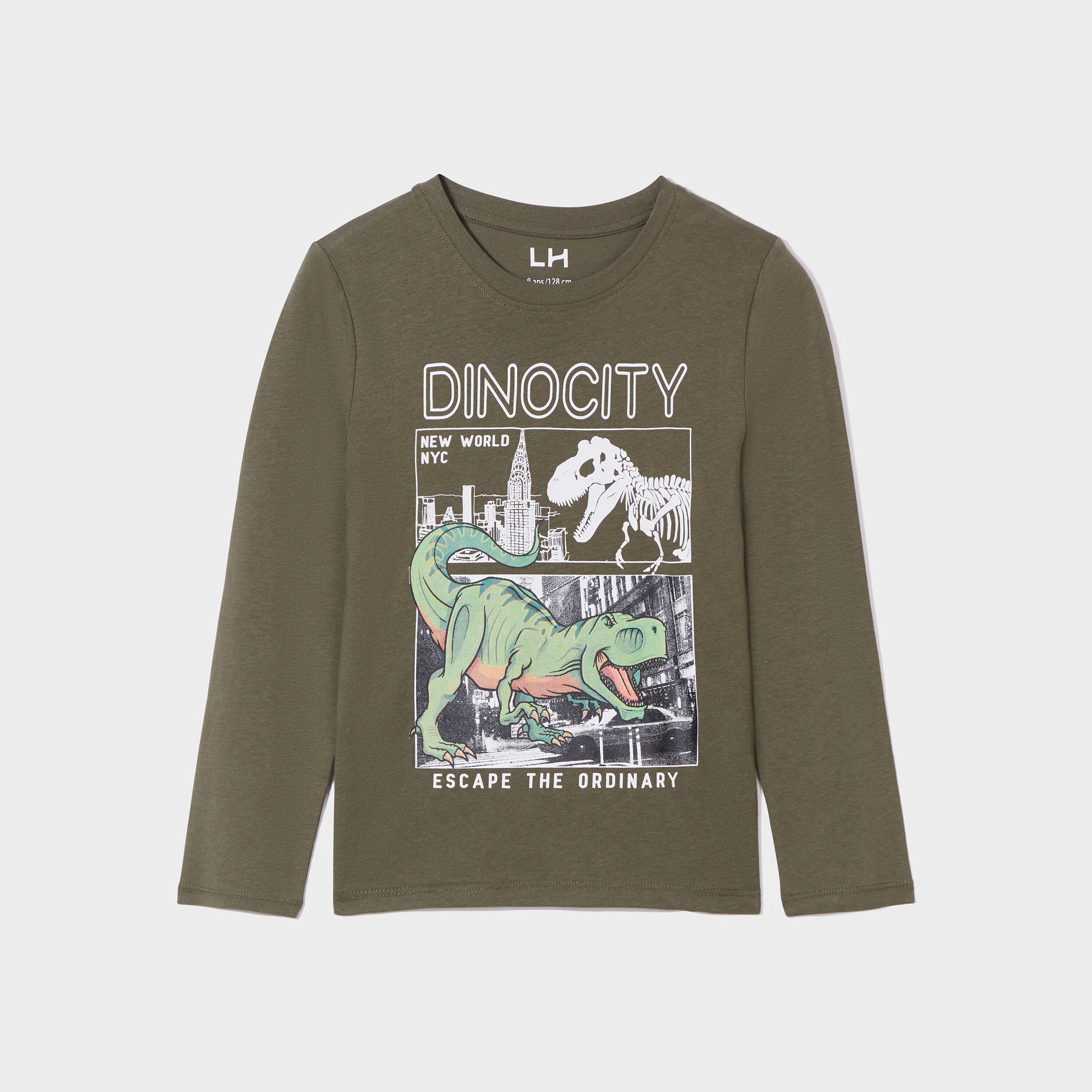 T-shirt col rond manches longues coton vert kaki garçon | La Halle