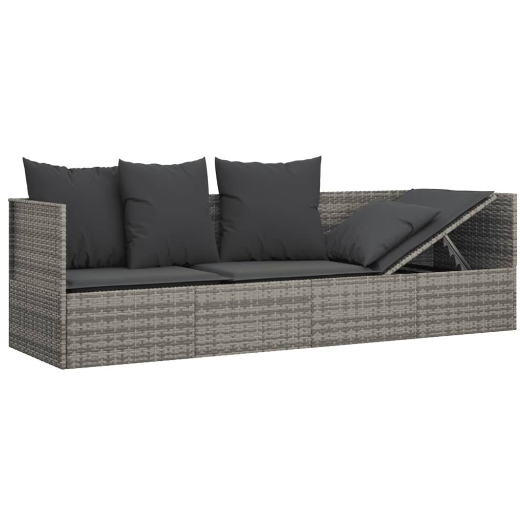 vidaXL Wellnessliege Gartenliege Outdoor-Loungebett mit Kissen Grau Poly Rattan