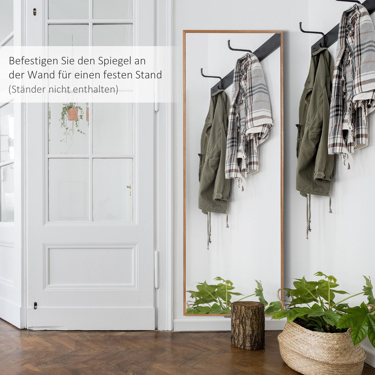 HOMCOM Wandspiegel Garderobenspiegel 125 x 45cm Flurspiegel mit Holzrahmen Natur