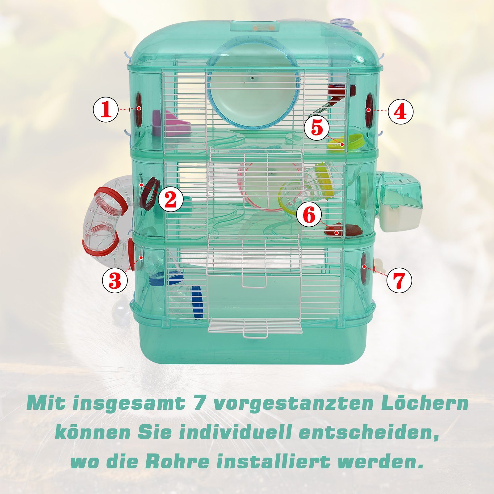 PawHut Kleintierkäfig, Kleintierkäfig Laufrad Futternapf Trinkflasche Grün, 40,5 x 28 x 55 cm