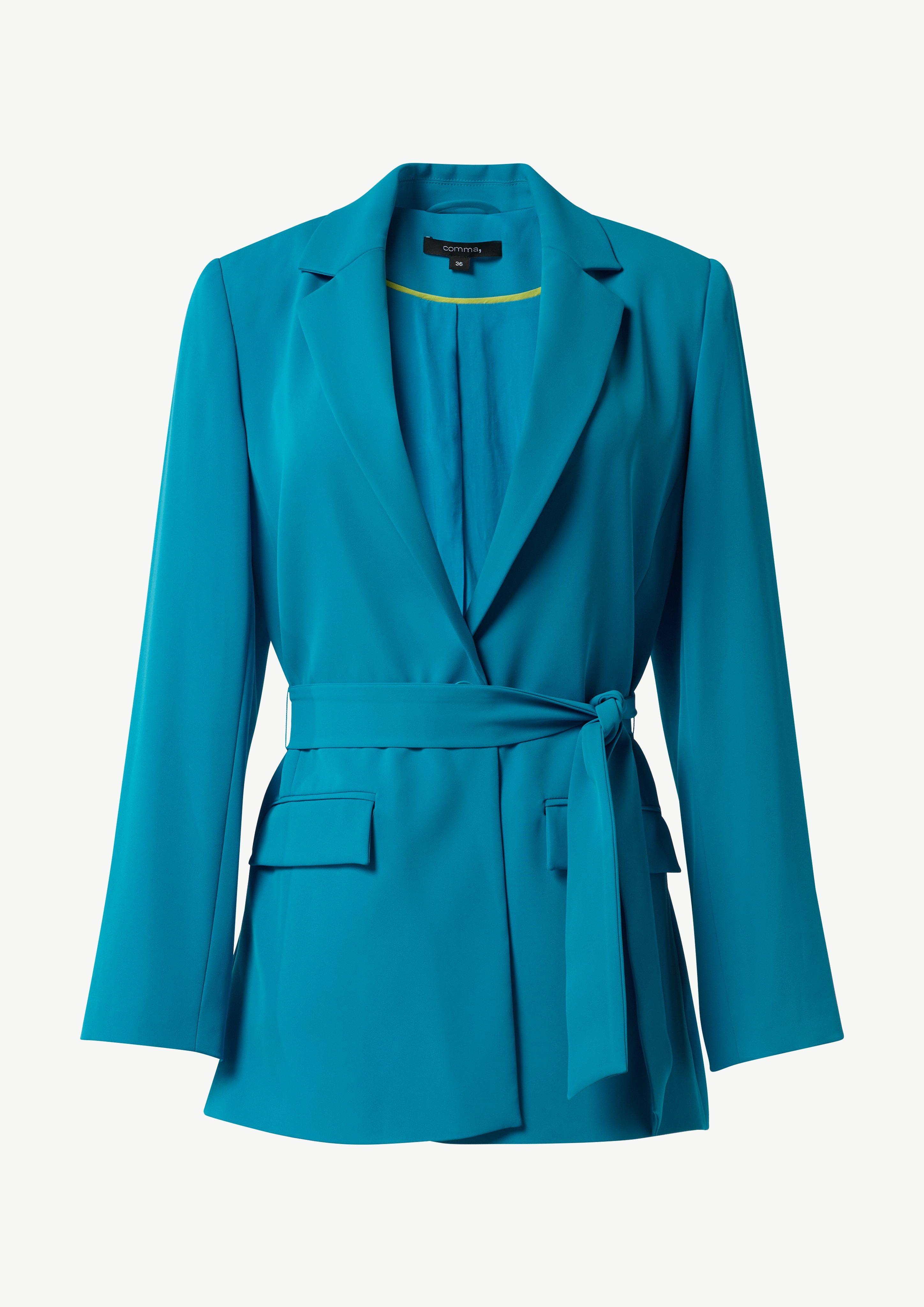 Fließender Longblazer mit Bindegürtel - ozeanblau