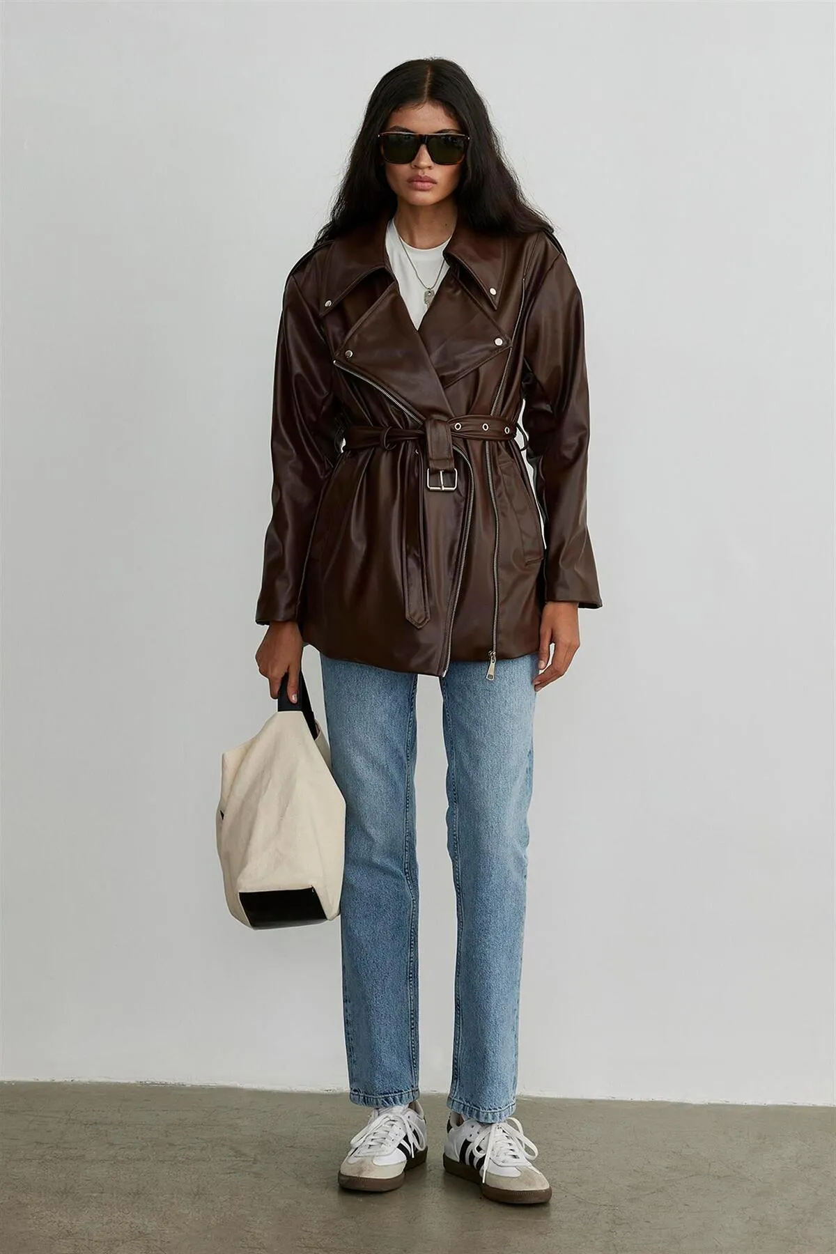 Suud Collection  Brauner Biker-Trenchcoat aus Leder