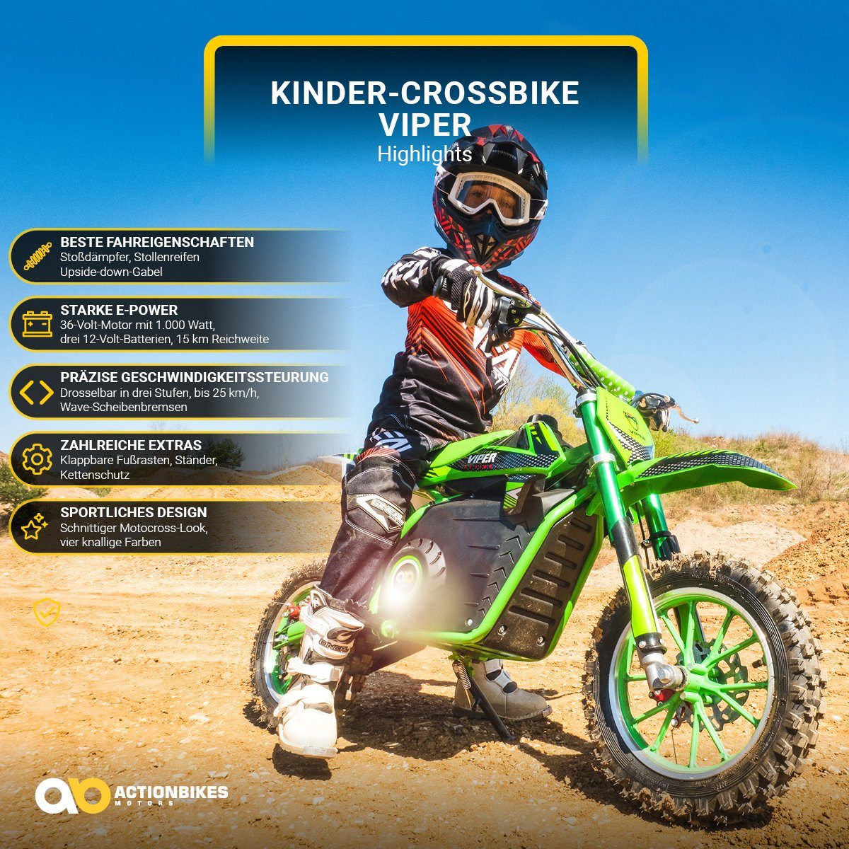 Actionbikes Motors electric children's motorcycle children's cross bike Viper 1000 W electric - 3 levels - up to 25 km/h, load capacity 60 kg, (1 piece), mini dirt bike electric minicross pit bike pocket bike from 5 years