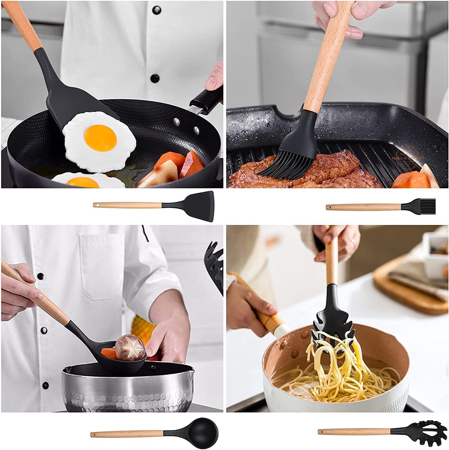 Bedee Kochbesteck-Set Küchenutensilien-Set, antihaftbeschichtet, Silikon, Küchenutensilien (11 Stück Kochutensilien Kochgeschirr Mit Aufhängeschlaufe, 11-tlg., Küchenutensilien), Spachtel-Set mit Halter, Holzgriff, hitzebeständiges Silikon