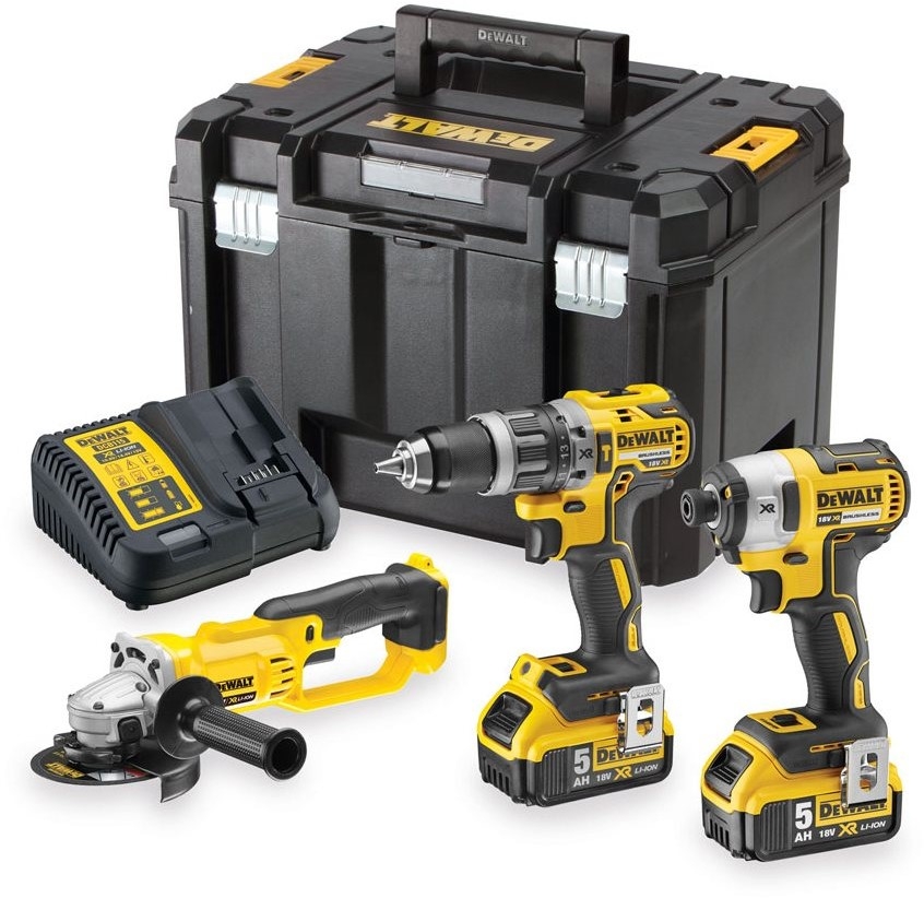 DeWalt DCK383P2T-QW Kombisett 18V 5.0Ah Li-Ion - DCD796 Batteridrevet slagbormaskin + DCF887 Slagtrekker + DCG412 Vinkelsliper