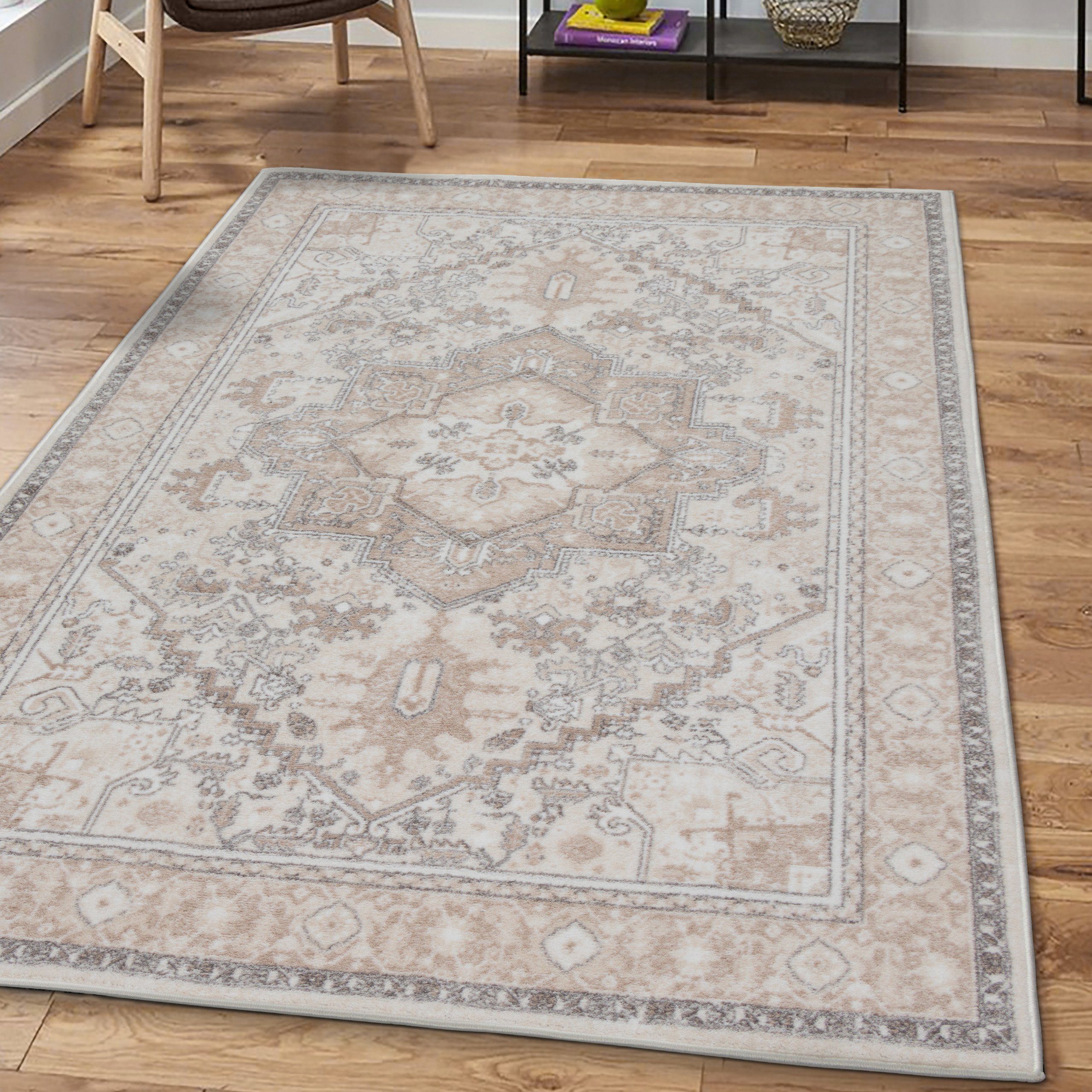 Teppich Wohnzimmerteppich im orientalischen Stil gemütlich beige, Teppich-Traum, rund, Je nach Licht heller-dunkler, Rückseite: „dot backing“ rutschfest