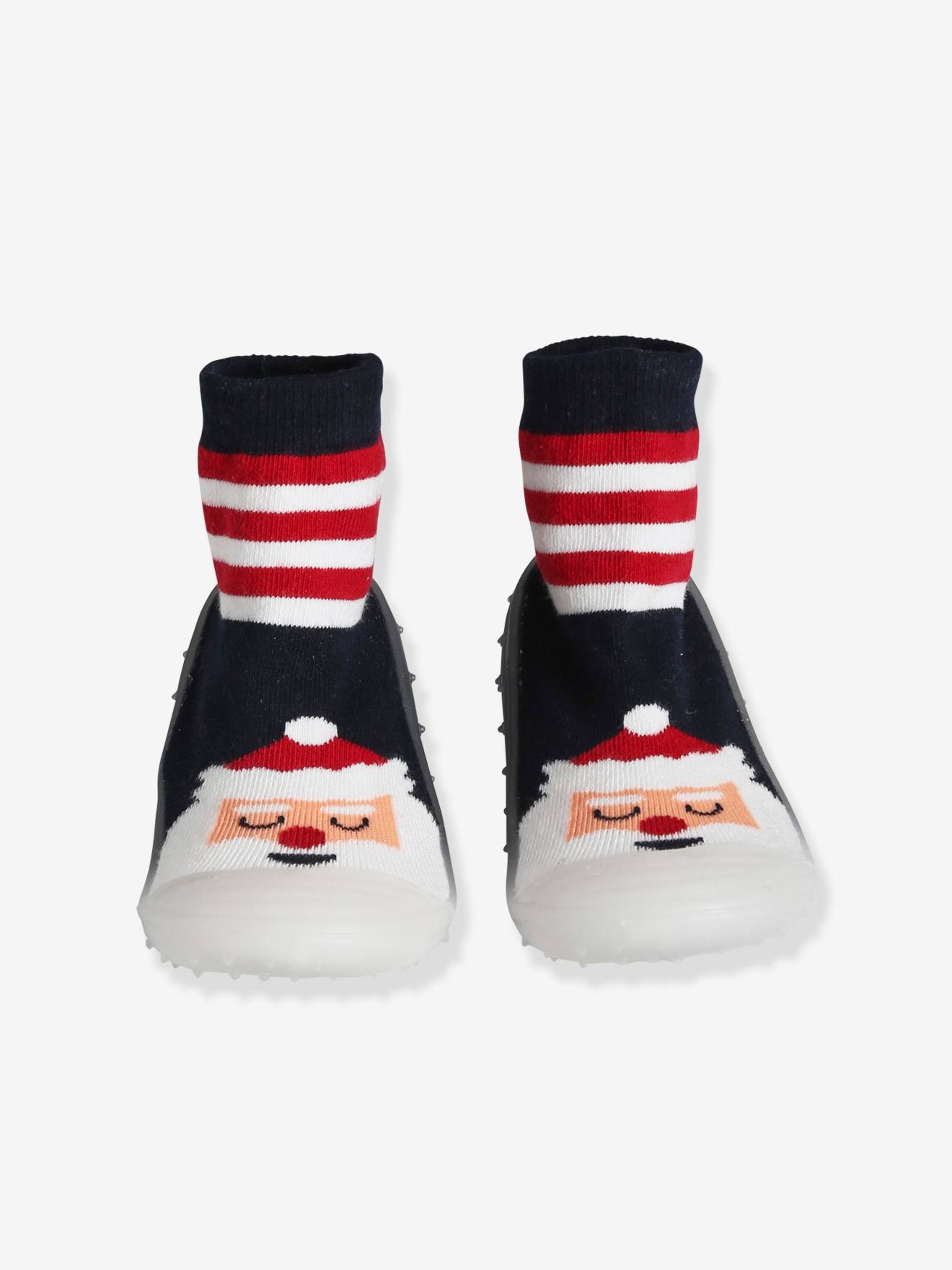 Chaussons-chaussettes de Noël enfant antidérapants rayé rouge