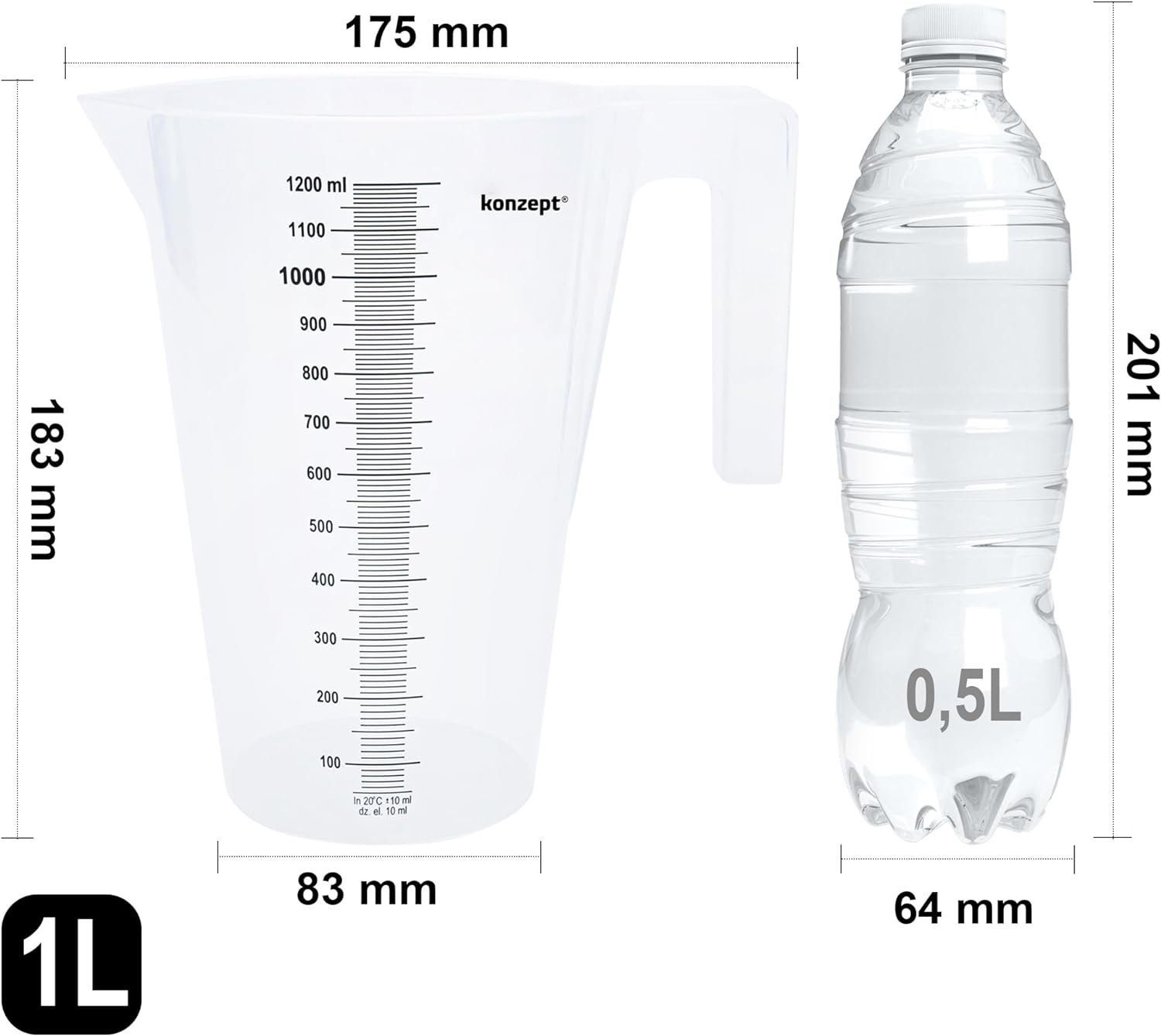 KONZEPT Messbecher Verschiedene Größen zur Wahl, (Litermaß, Kunststoff), Ideal für Küche, Garten, Werkstatt, Transparent