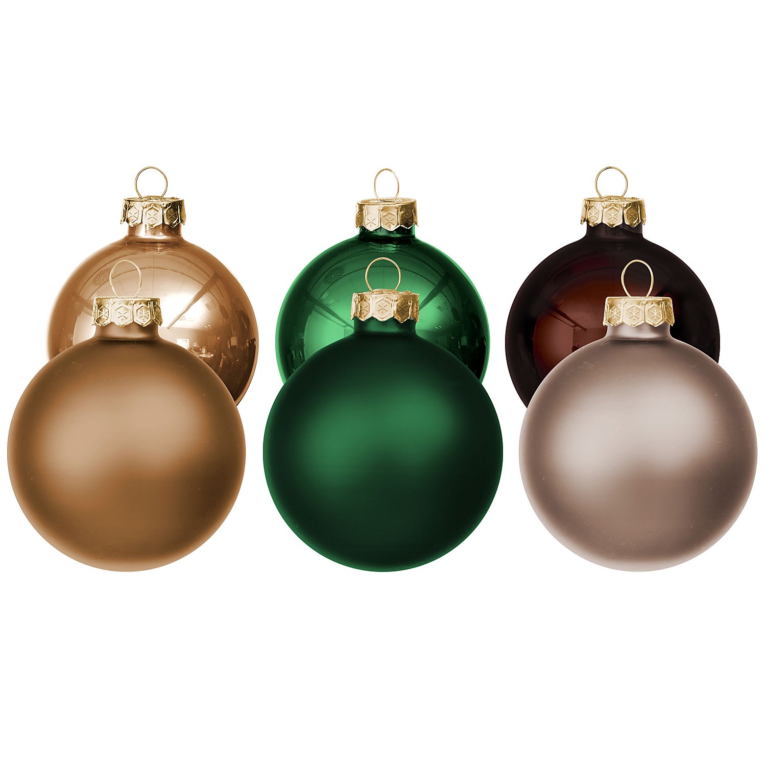 Weihnachtskugeln aus Glas, grün, karamell und braun, 6 cm Ø, 12 Stück