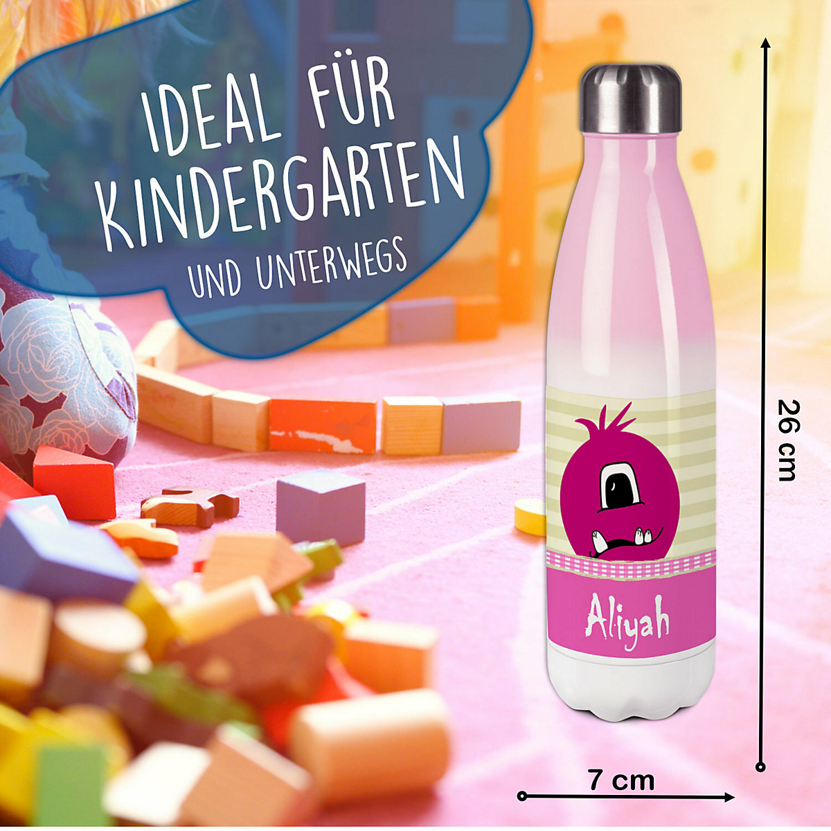 Edelstahl Kinder Thermoflasche / Trinkflasche bunt Monster Karo Farbe rosa Spülmaschinenfest, Auslaufsicher, Bruchfest, Doppelwandig, Für Heißgetränke geeignet, Mit Deckel, Isoliert