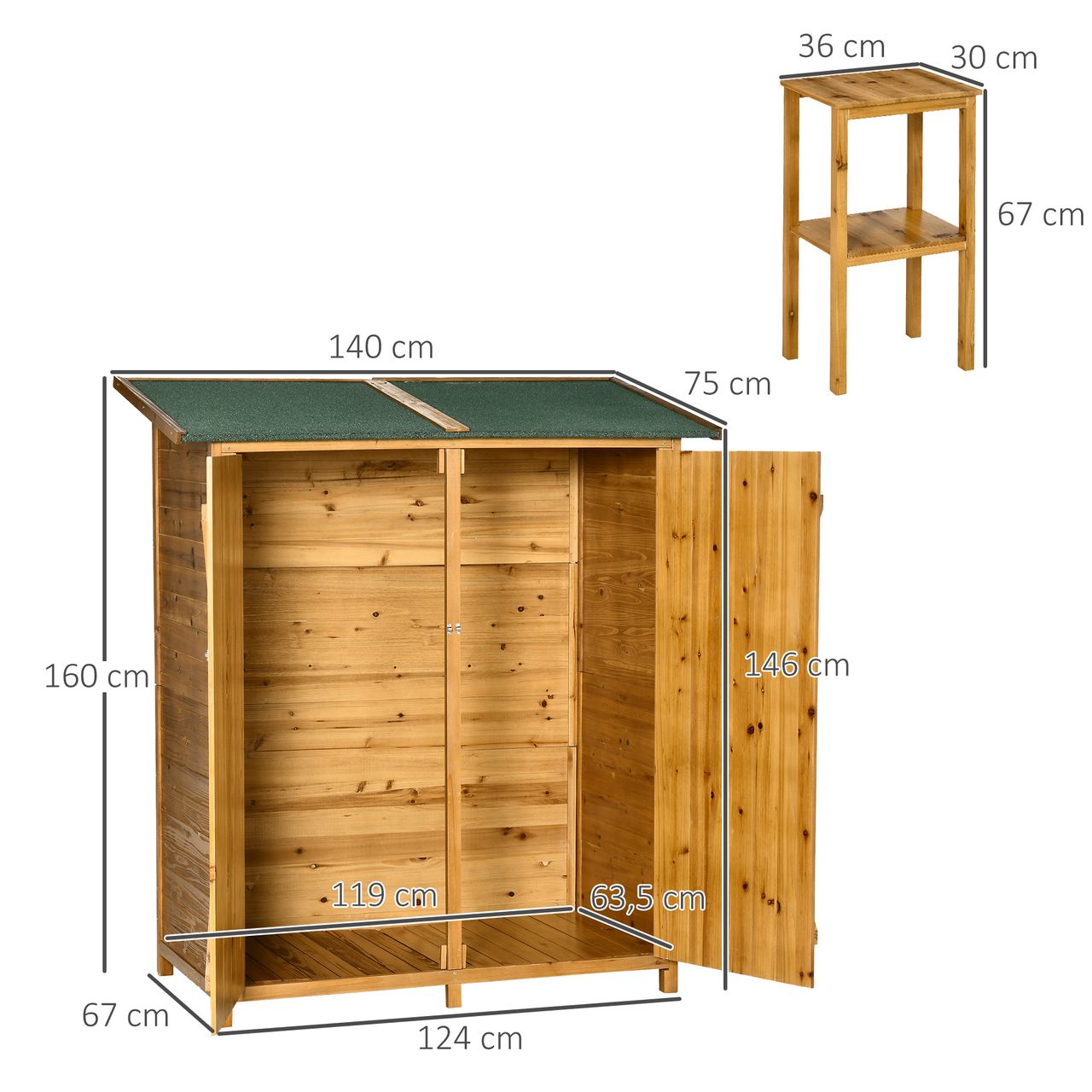 Outsunny Gartenschrank Geräteschuppen mit 2 Tür Asphaltdach Tannenholz Natur