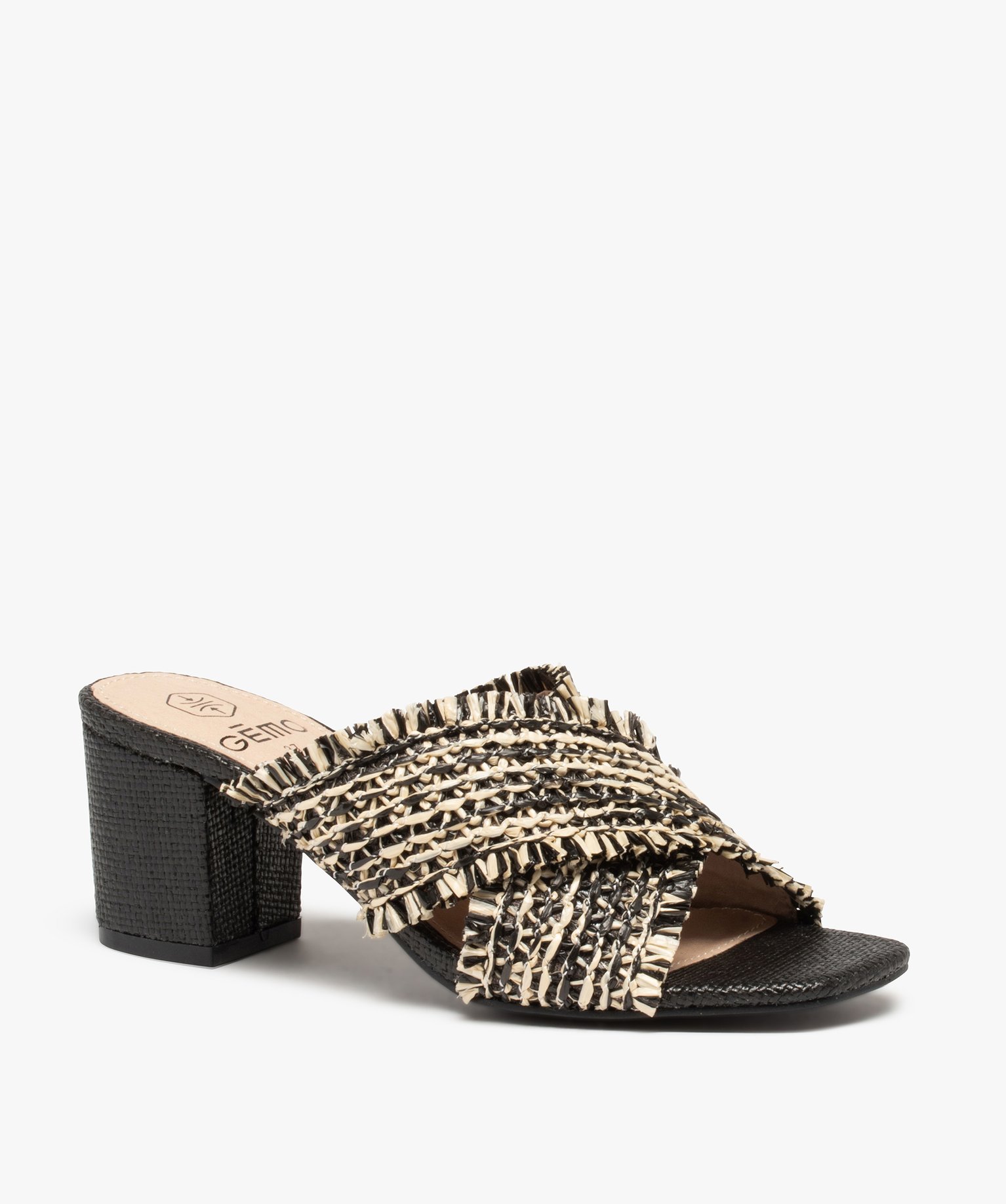 Mules femme à talon et brides en fibres tressées noir | GEMO