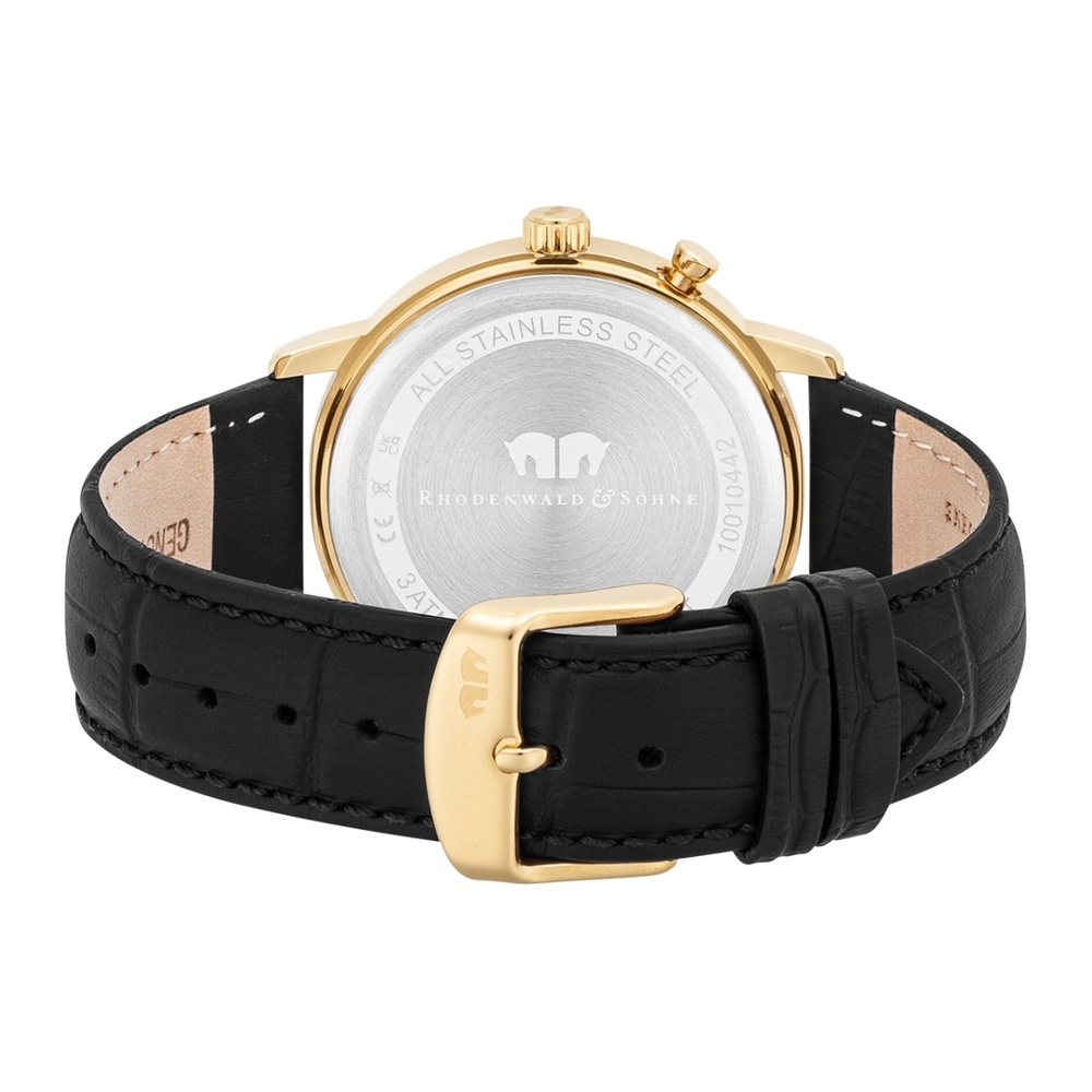 Rhodenwald & Söhne Multifonctions Moontime II Or jaune Cuir véritable en Noir Montre