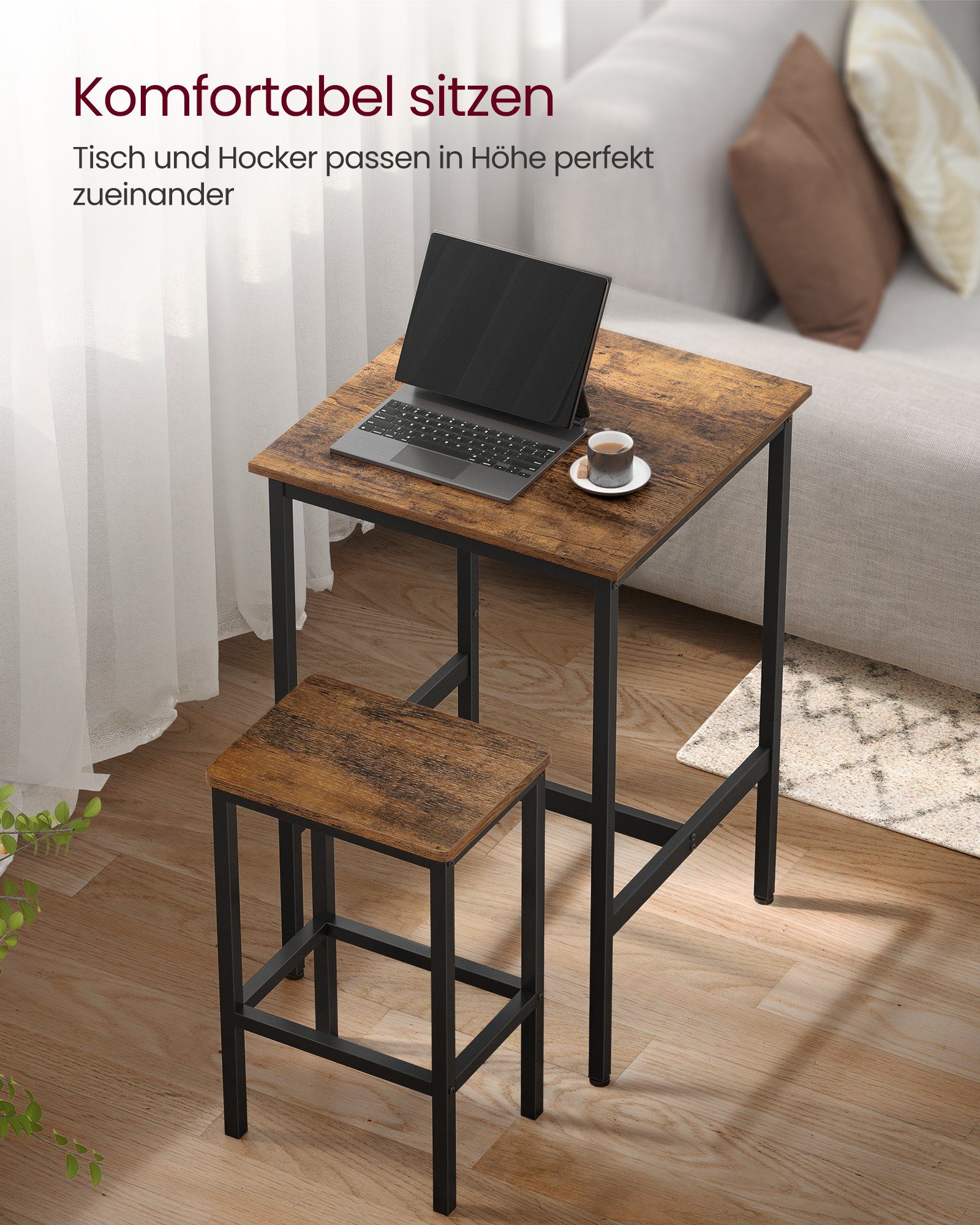 VASAGLE Bartisch Bartisch-Set, Esstisch(60 x 60 x 90 cm) mit 2 Barhochern