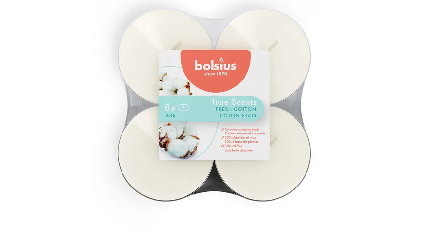 bolsius Maxi-Teelichte True Scents 8h 8er Pack Fresh Cotton weiß