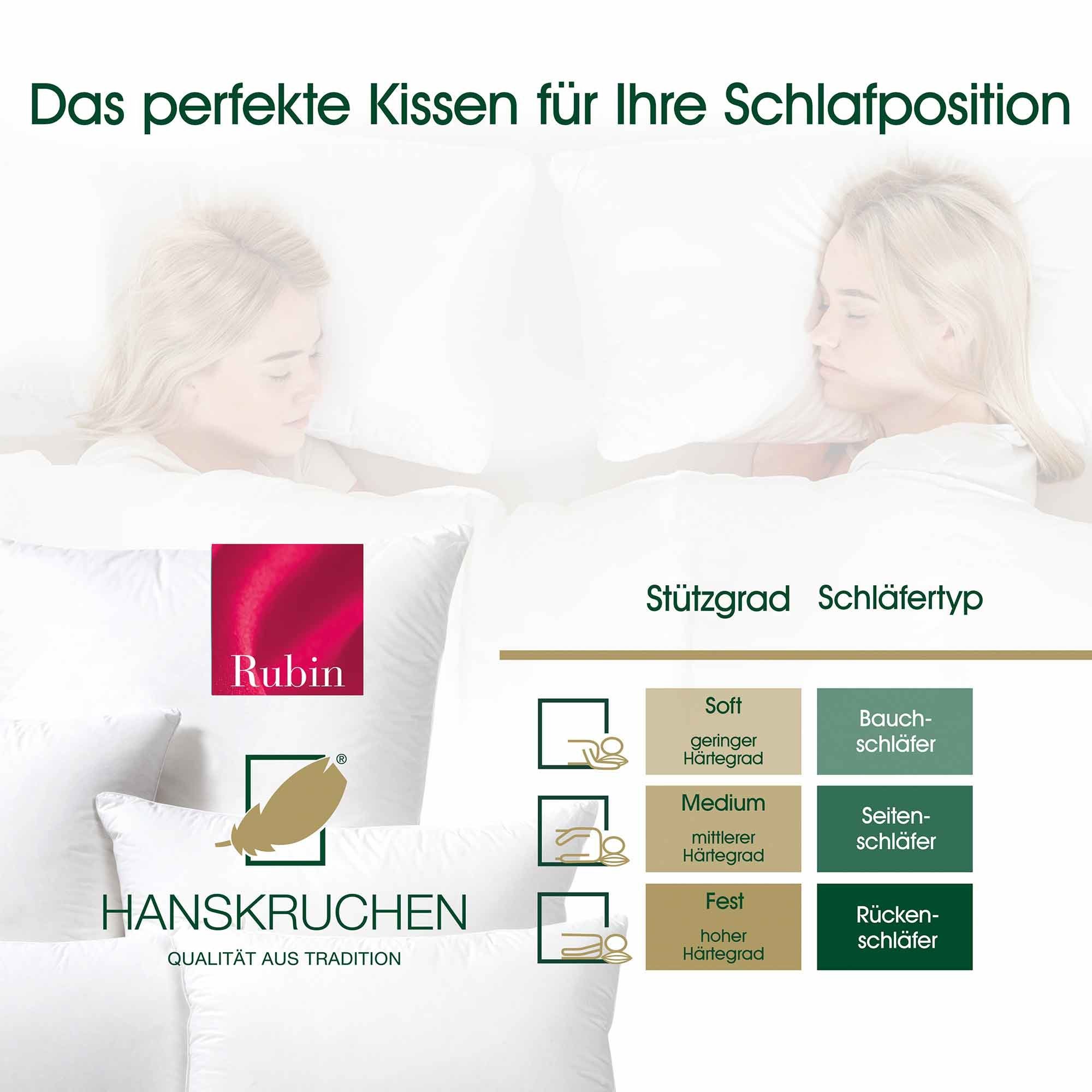 Daunenkissen Rubin, HANSKRUCHEN, Füllung: 85% Federchen, 15% Daunen, Bezug: 100% Baumwolle, Fest 80x80 cm, hergestellt in Deutschland, durch das Institut Wessling