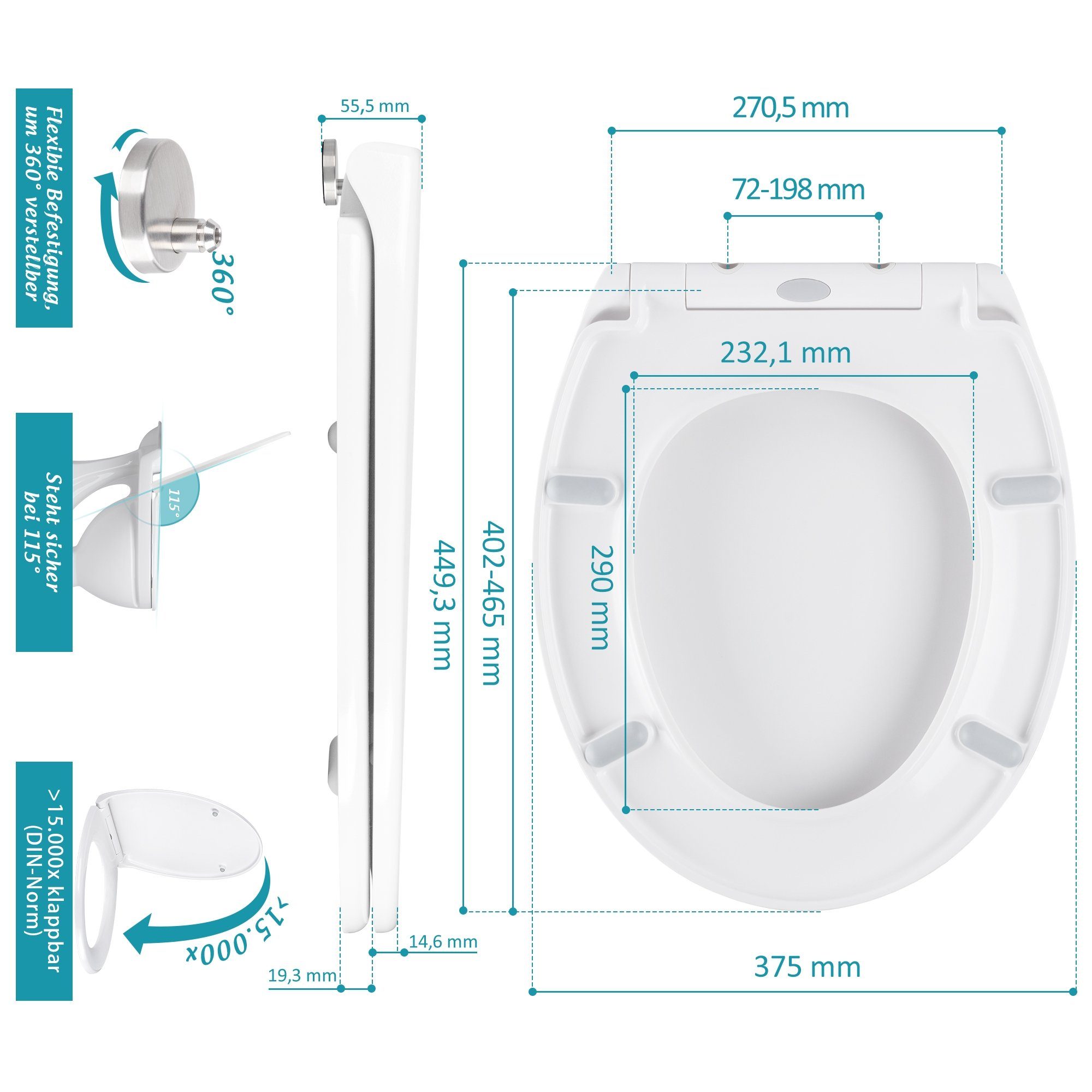 Homewit WC-Sitz Toilettendeckel WC Sitz mit Quick-Release-Funktion und Absenkautomatik (Set, 1-St., O-Form WC Deckel mit verstellbarem Scharnieren), Aus Harnstoff-Formaldehyd-Harzmaterial, Weiß
