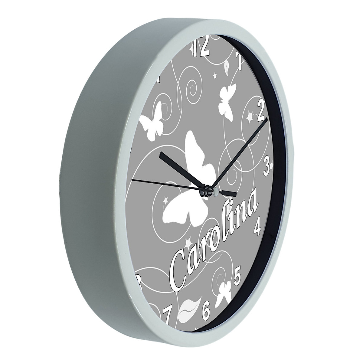 Kinder Wanduhr laufruhig personalisiert mit Name Schmetterling Ornamente grau