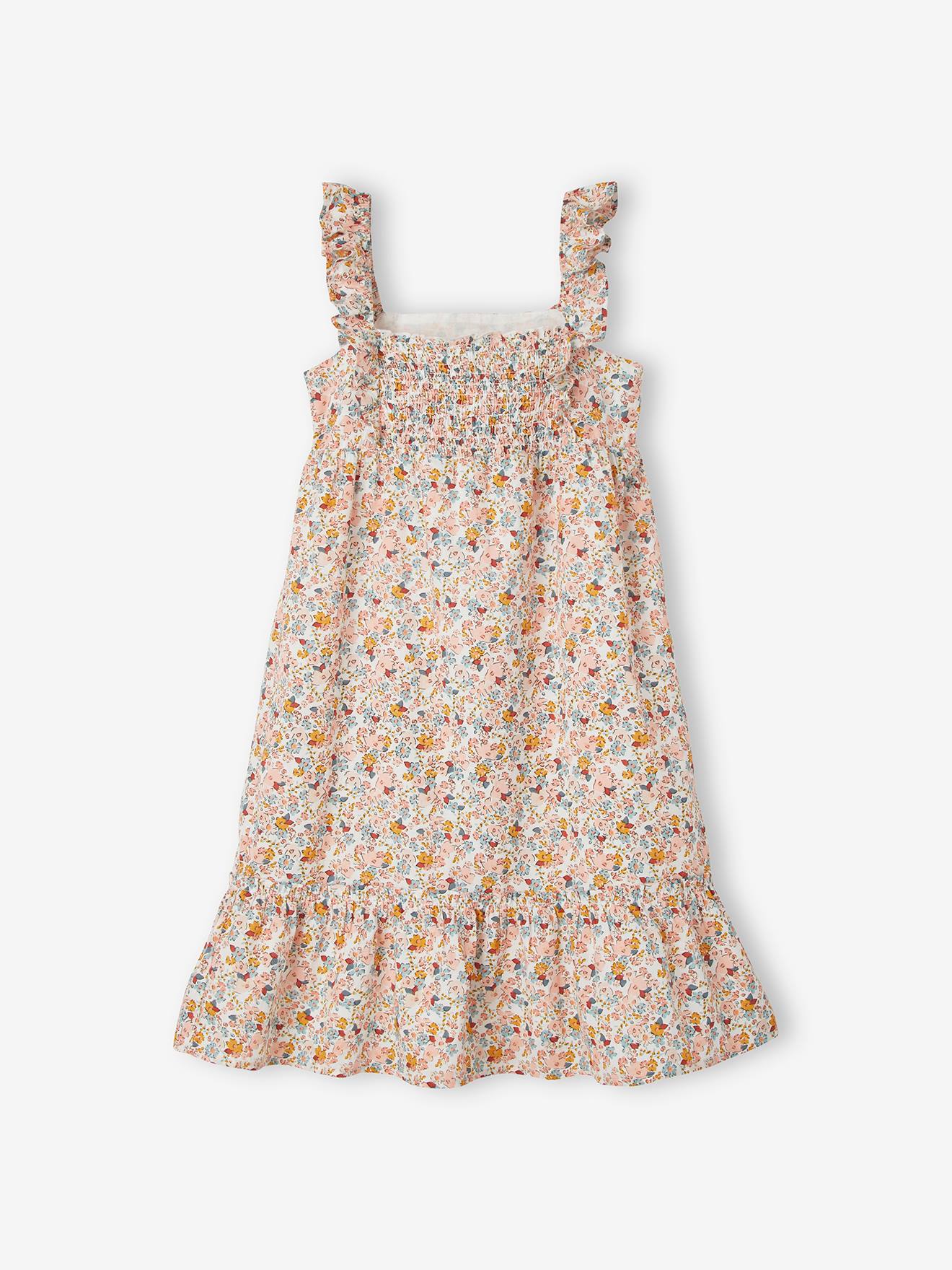 Robe à bretelle volantées fille ecru imprimé fleurs bleues