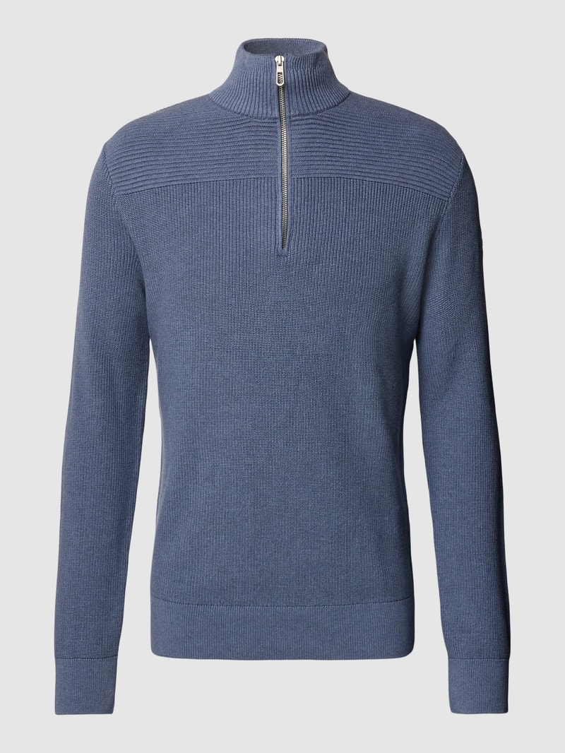Strickpullover mit kurzem Reißverschluss in dunkelblau meliert