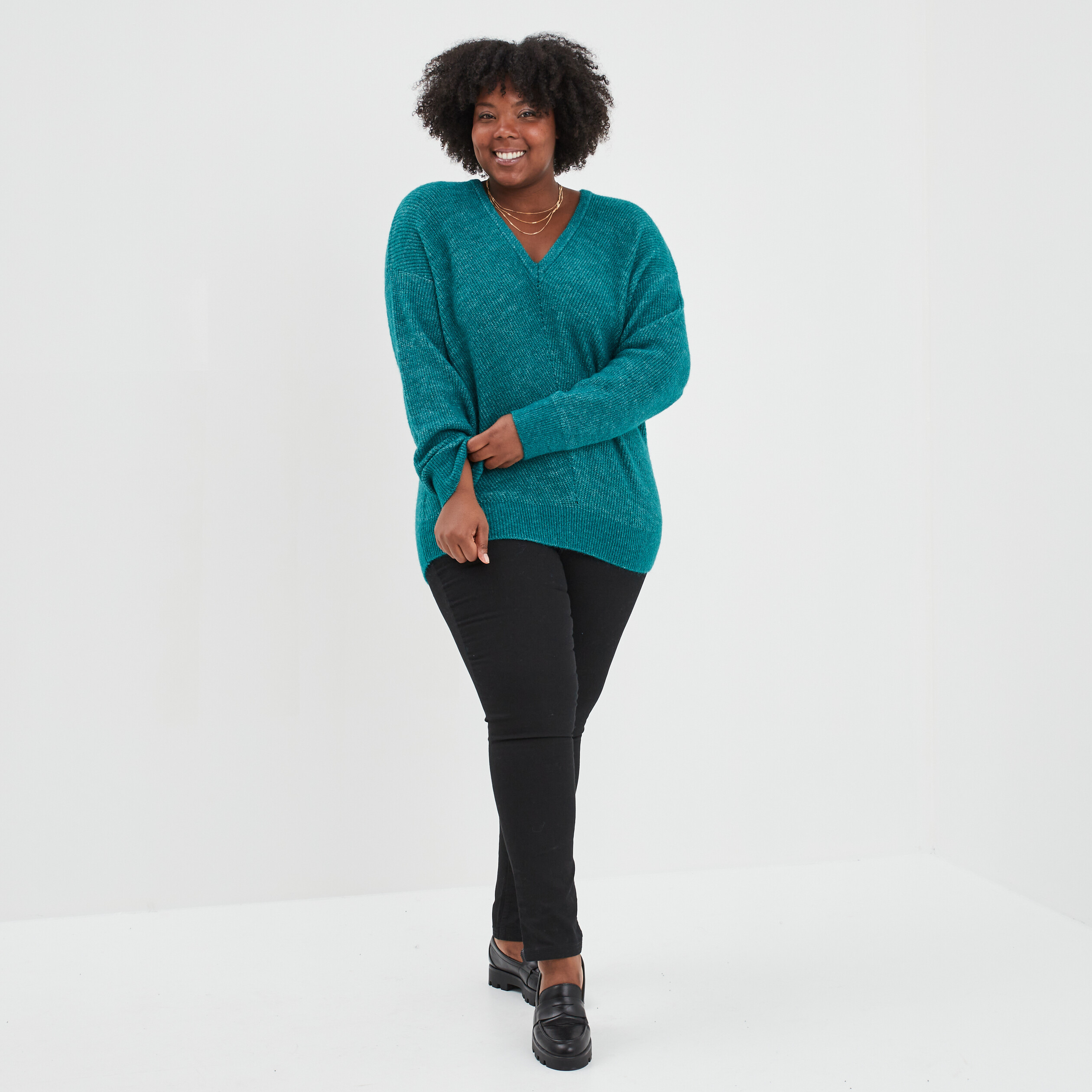 Pull manches chauves-souris col en V bleu canard femme grande taille | La Halle