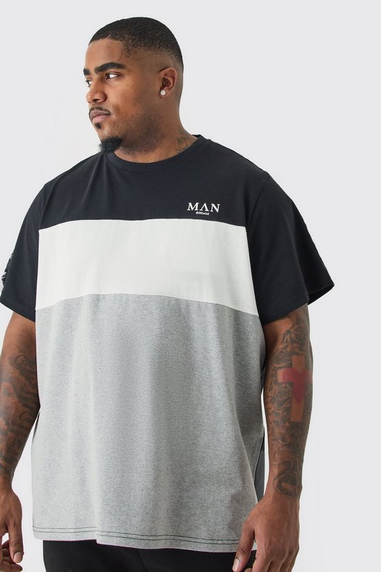 Plus Man Roman Colorblock T-Shirt mit Streifen in Schwarz