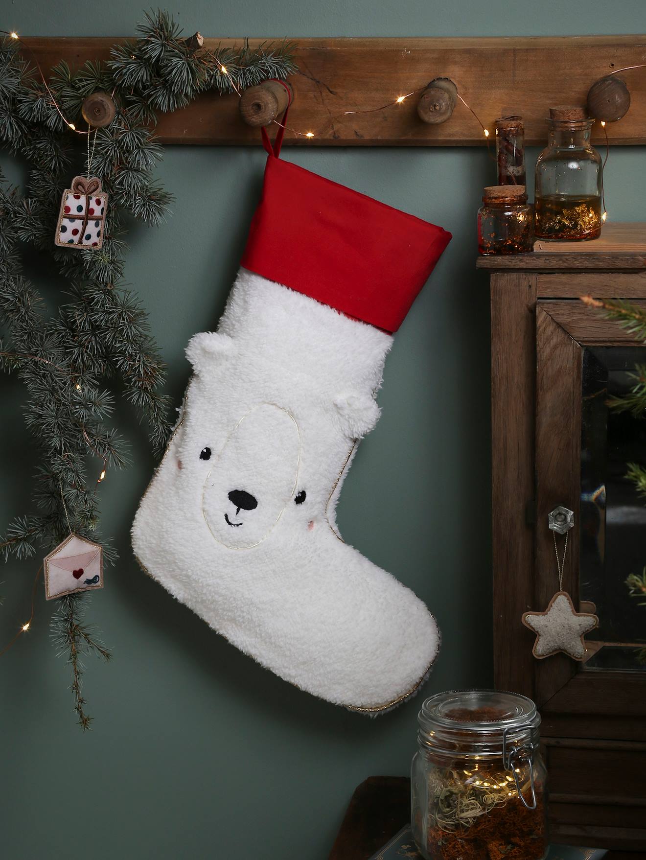 Chaussette de Noël Ours en bouclette personnalisable blanc