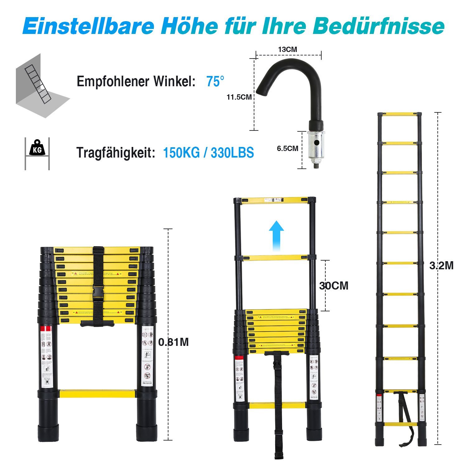 Gimisgu Teleskopleiter Teleskopleiter Alu 3.2m Ausziehleiter mit haken Anlegeleiter