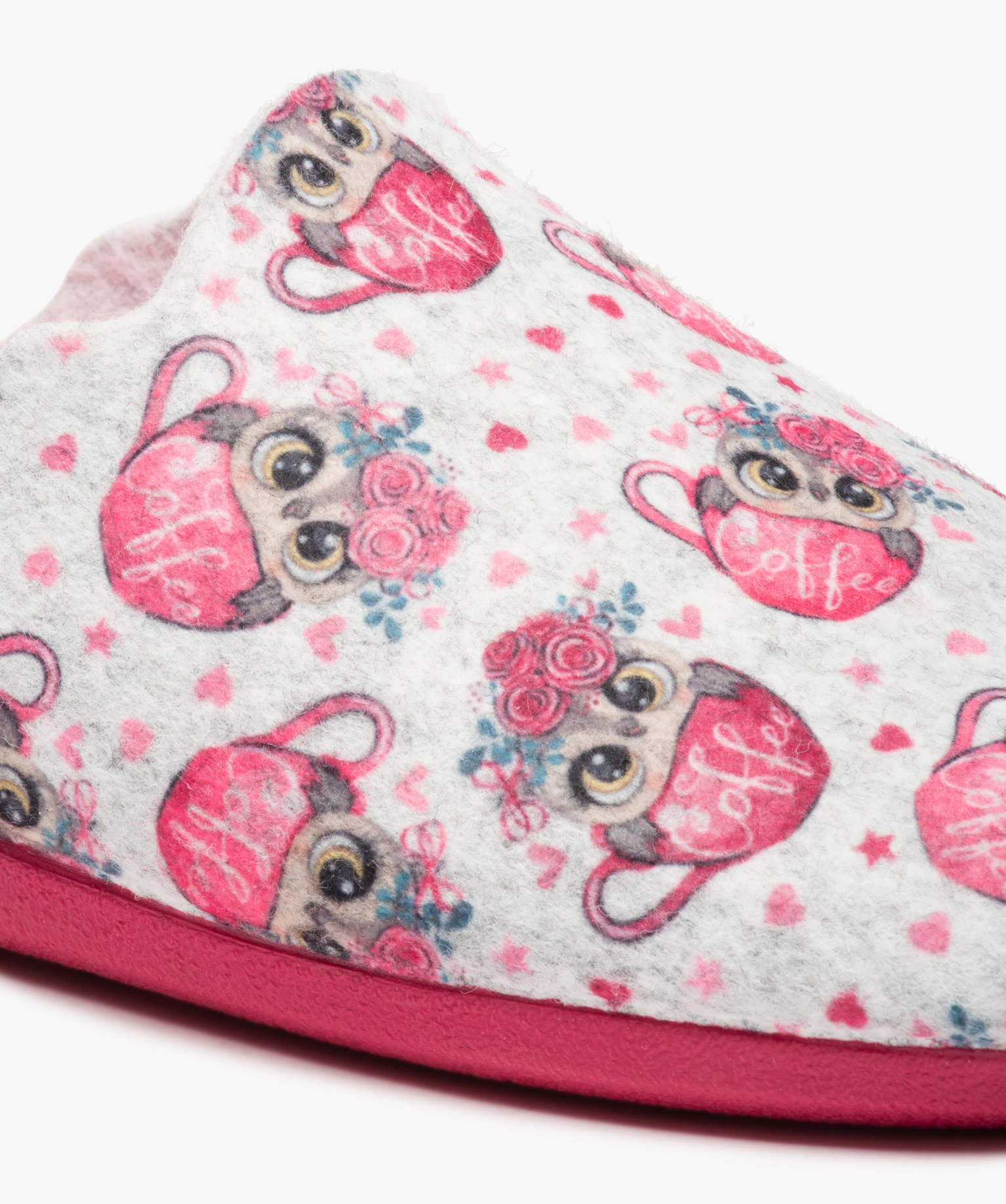 Chaussons femme mules plates en feutrine imprimée rose | GEMO