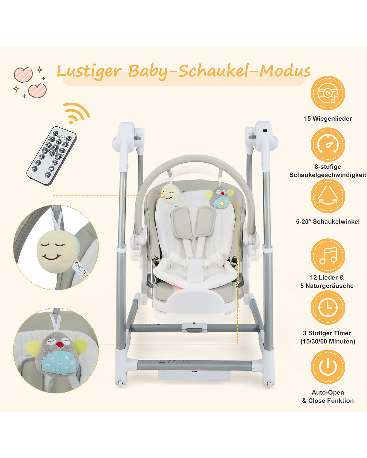 3 in 1 Babywippe elektrisch Hochstuhl mit Timer Musik Rädern