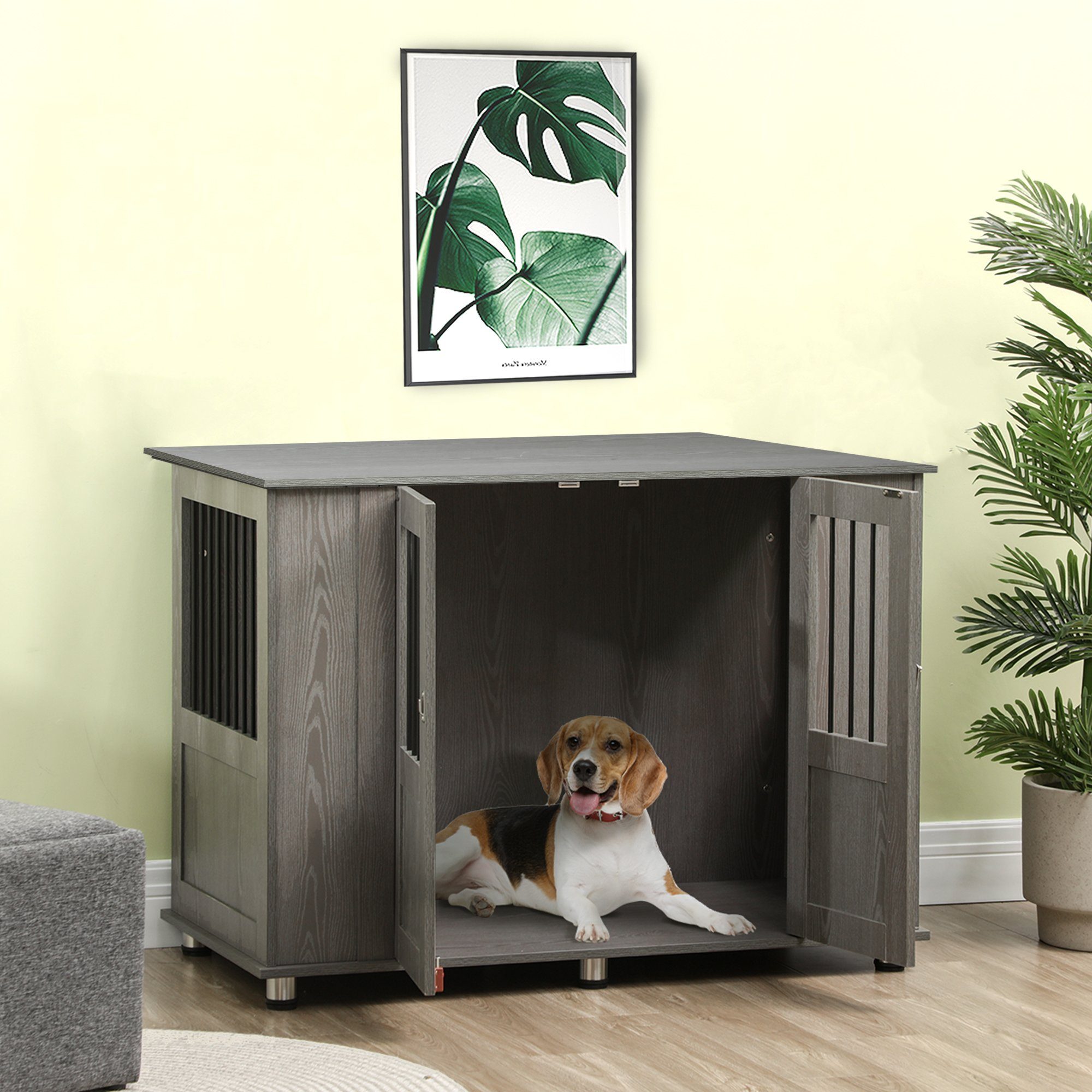 PawHut Hundehütte Haustierkäfig mit Schloss, Magnettür, Hundehaus mit Fenster, Grau, 116L x 60B x 87H cm