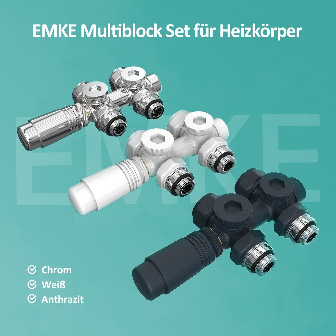 EMKE Heizkörperthermostat Multiblock Set für Heizkörper Anschlussarmatur Ventil mit Thermostat, für Heizkörper Handtuchtrockner Heizungzubehör Eck- und Durchgangsform