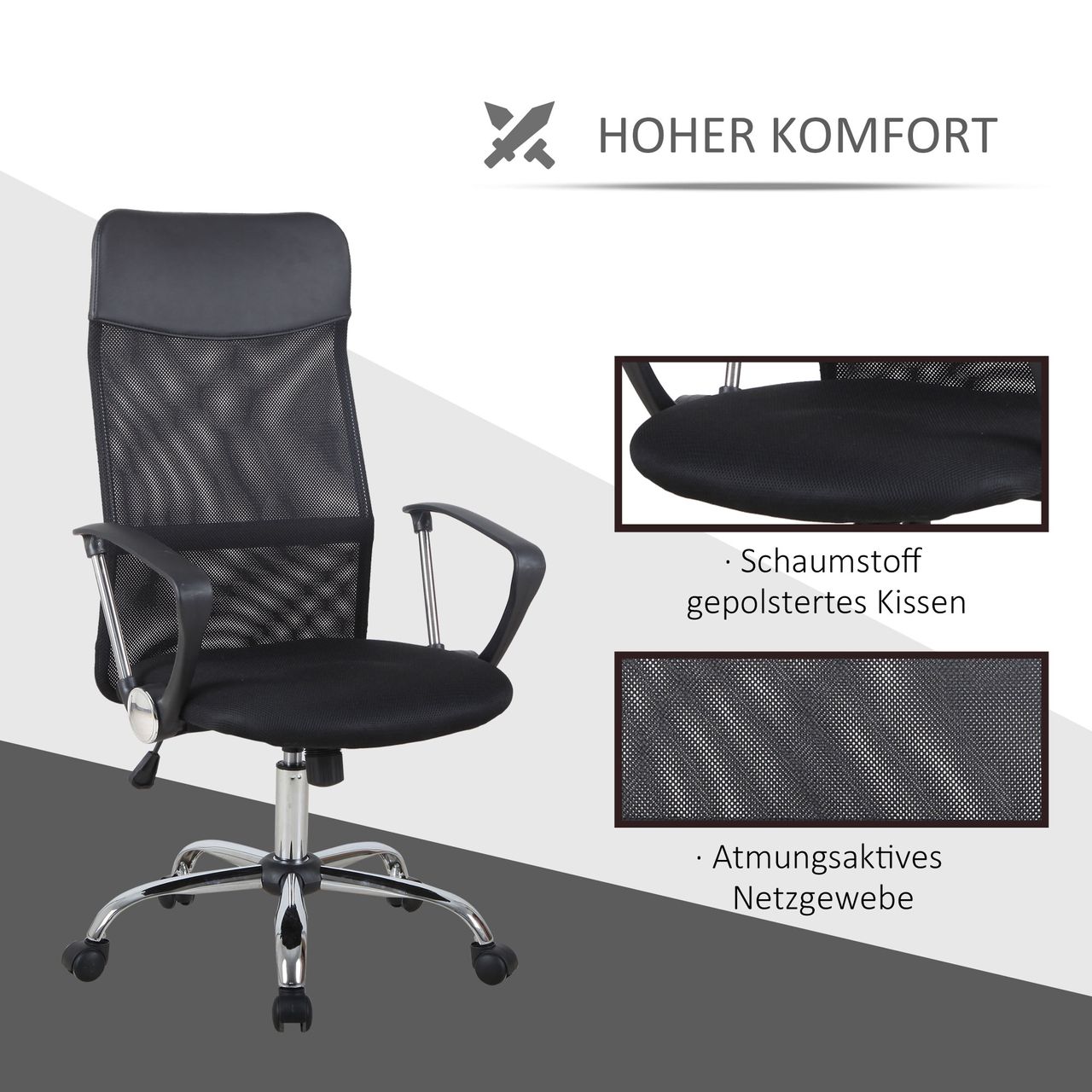 HOMCOM Bürostuhl Drehstuhl mit Wippenfunktion Gaming Stuhl Schaumstoff Netz