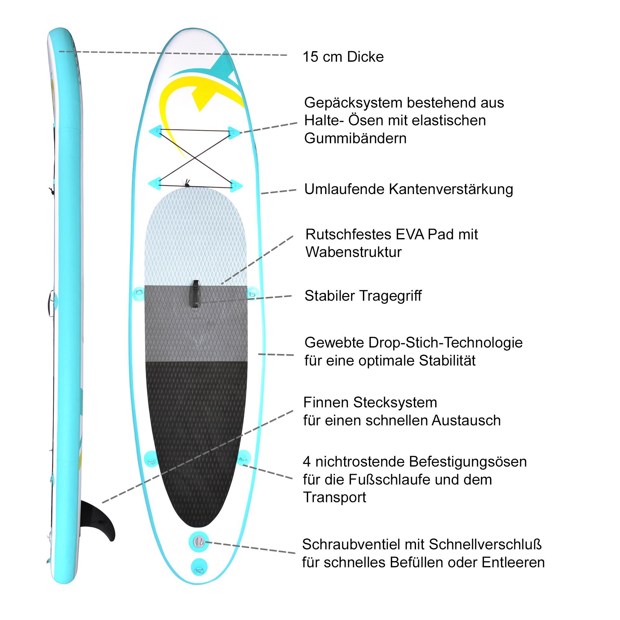 NEMAXX Inflatable SUP-Board, Nemaxx PB320 Stand up Paddle Board 320x78x15cm, türkis/gelb - Surfbrett, Surf-Board - aufblasbar & leicht zu transportieren - inkl. Tasche, Paddel