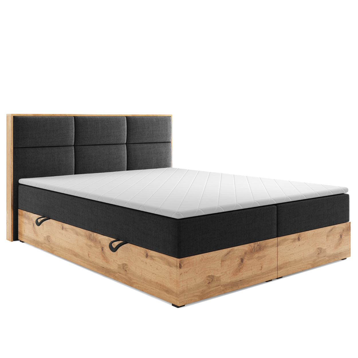 Möbel Punkt Boxspringbett LISSABON Eiche Holz mit Bettkasten 180 x 200 cm Webstoff Schwarz Anthrazit