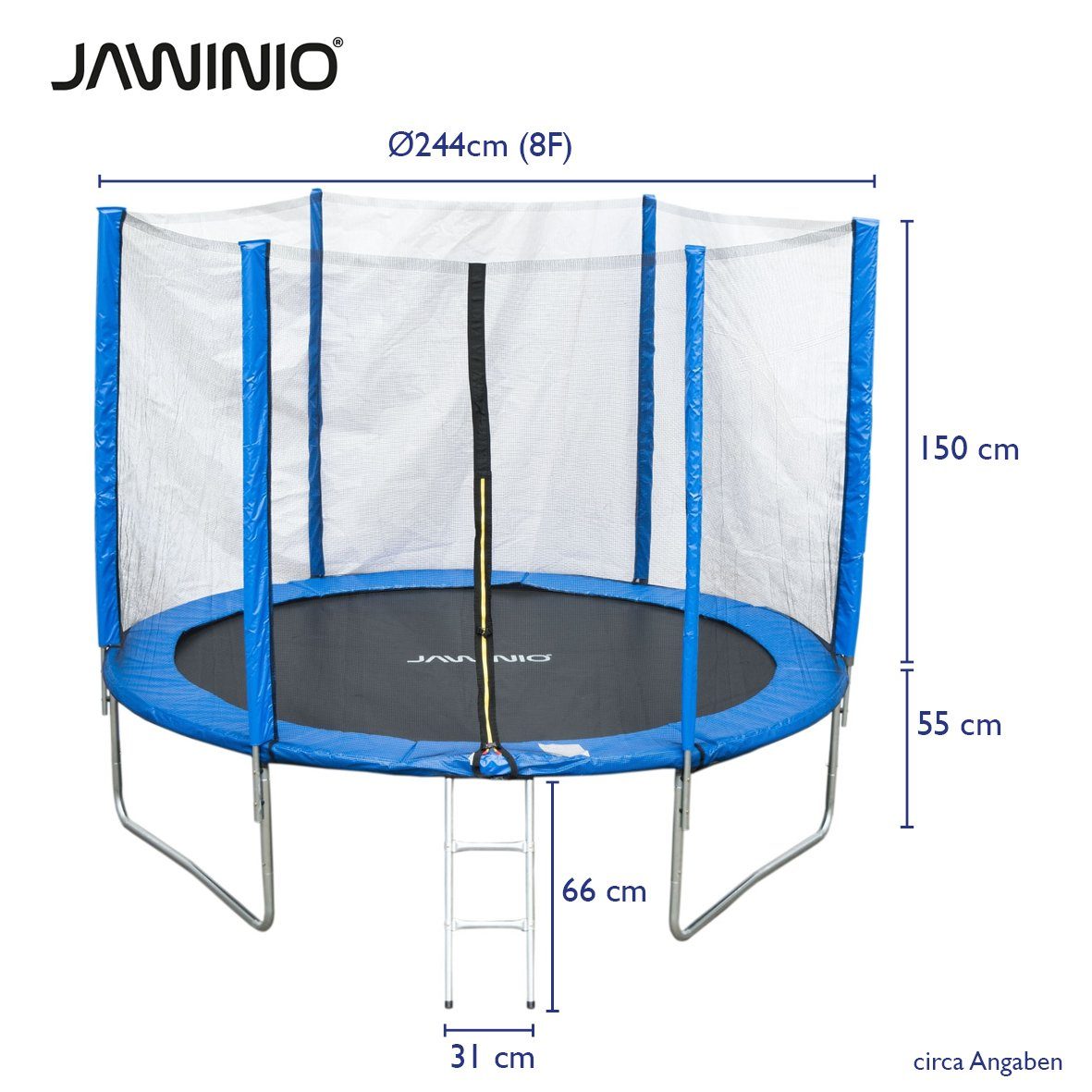 JAWINIO Gartentrampolin, Ø 244,00 cm, (1), Komplettset, Randabdeckung, Leiter, Sicherheitsnetz, Blau