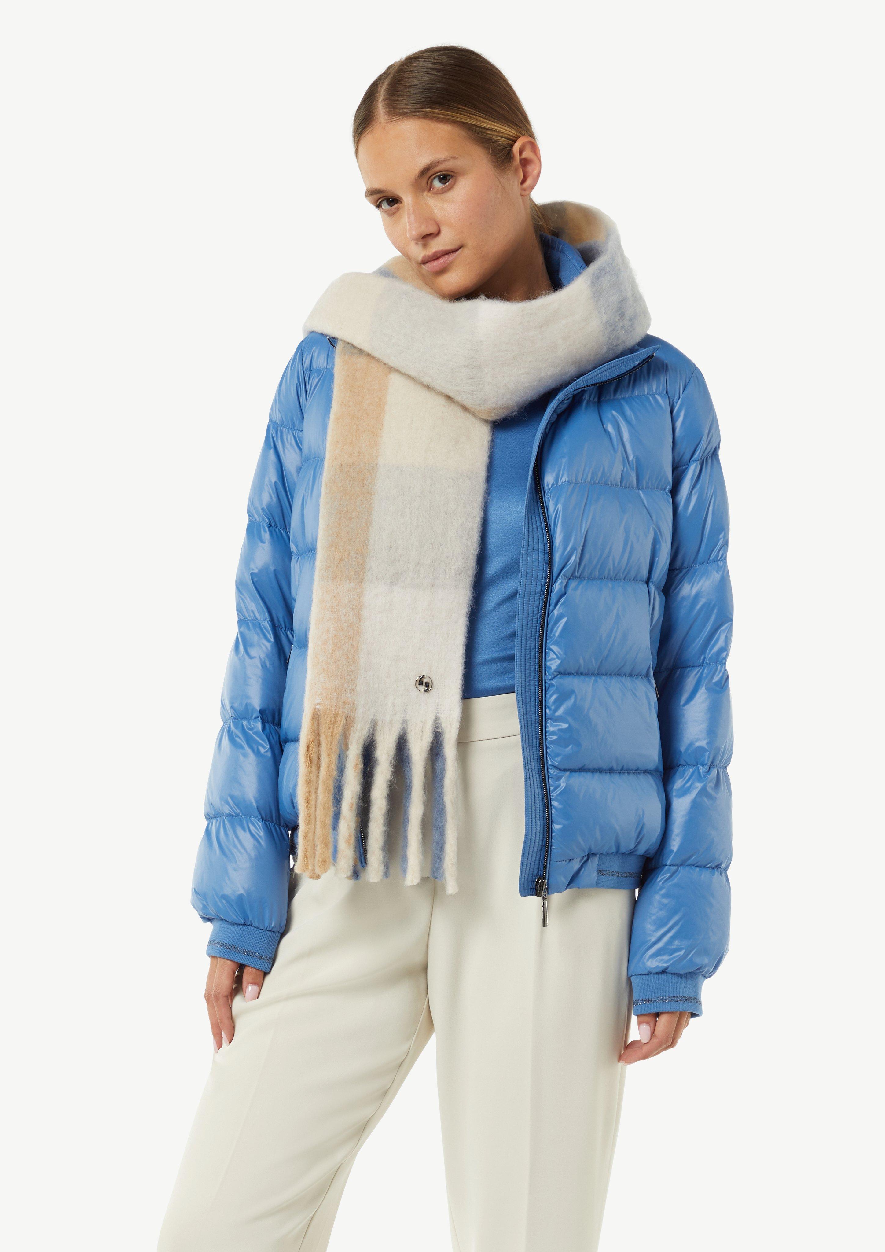 Karierter Strickschal mit Fransen - himmelblau