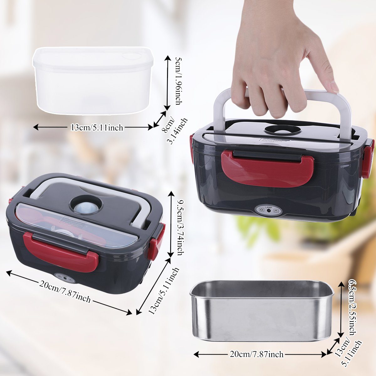 NASUM Elektrische Lunchbox mit Heizfunktion: Warme Mahlzeiten überall!, Kunststoff, hochwertige Edelstahl Verarbeitung