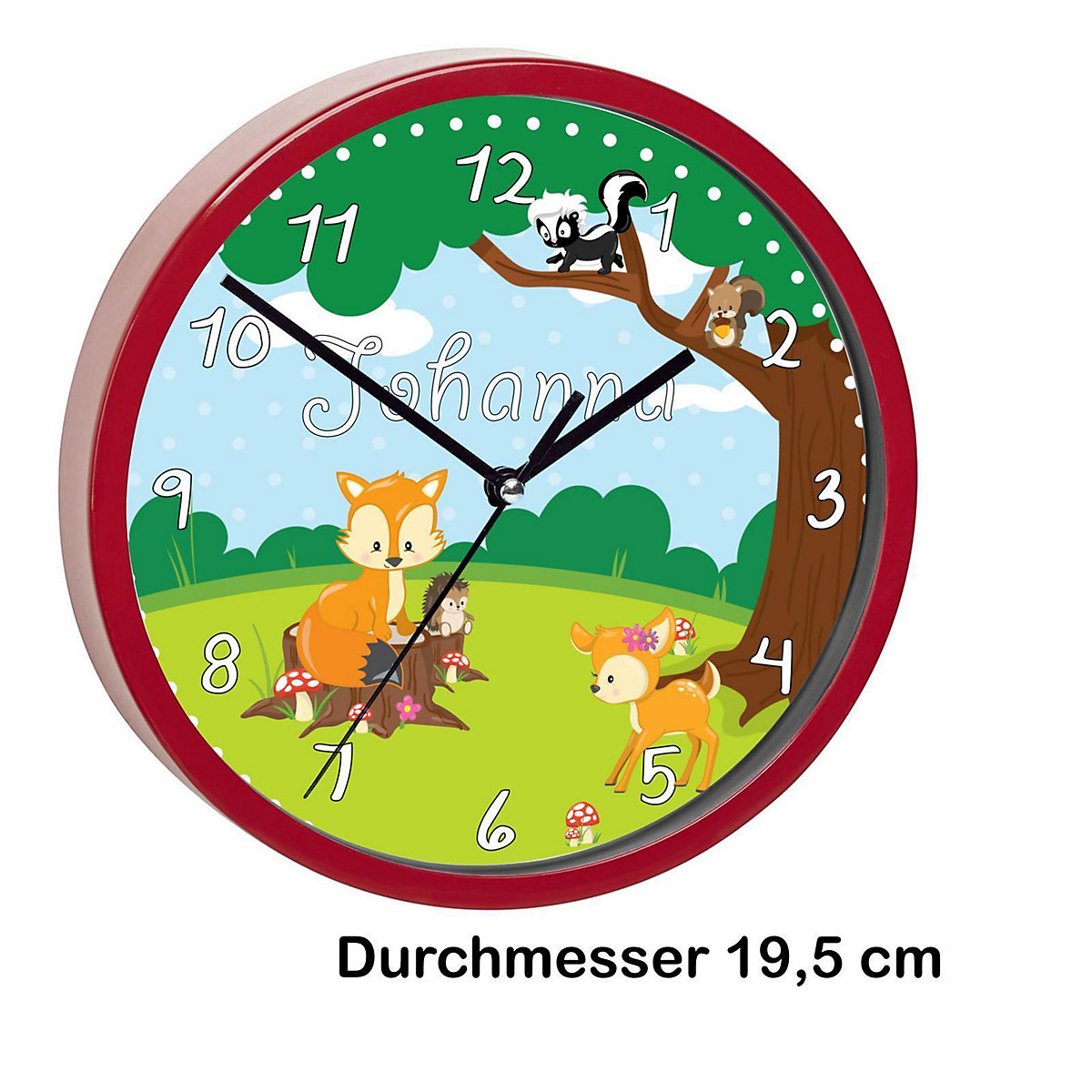 Kinder Wanduhr laufruhig personalisiert mit Name Waldtiere